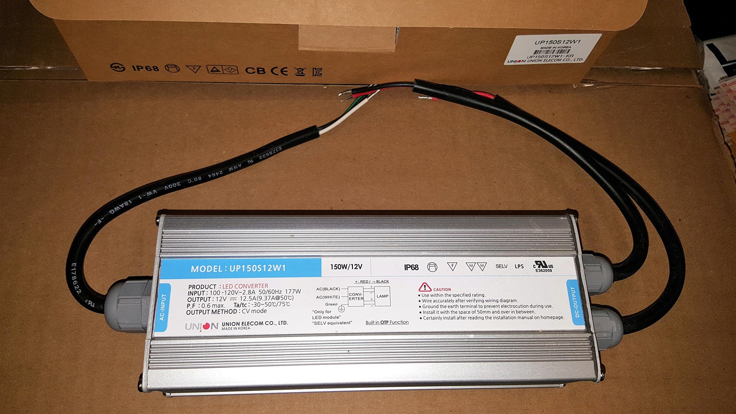 UNION LED Drivers Converter 12V Output Waterproof Power Supply Drivers Input 100-120V (Model: UP100S12W1) Made in Korea