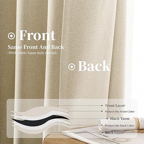 Miniatura 2 de KangBang Cortinas opacas de lino beige de 72 pulgadas de largo y 6 pies, bolsillo con lazo trasero para oscurecer la habitación, cortinas de