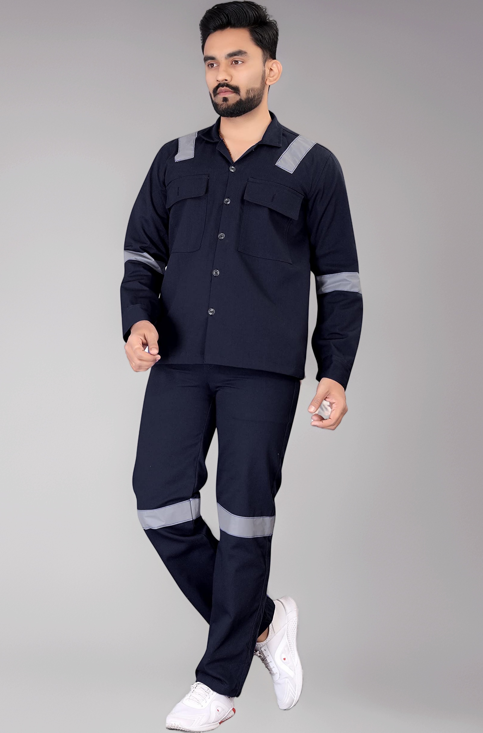 Men's Reguler Fit Cotton Industrial Work wear Coveralls Shirt and Pant with Two Inch Reflective Tape