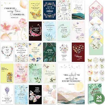 Decorably 24 Pack Gold Foil 4x6in Assorted Christian Thinking of You Cards Religious with Envelopes & Stickers, 24 Floral Designs for Friends, Family & Loved Ones, Printed Message - Gifting, Mailing