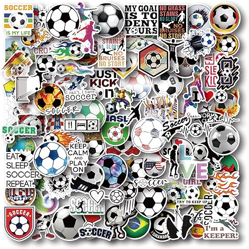 AOWDIAO 100 calcomanías de fútbol, paquete de calcomanías impermeables de vinilo, regalos de fútbol, recuerdos de fiesta y decoraciones