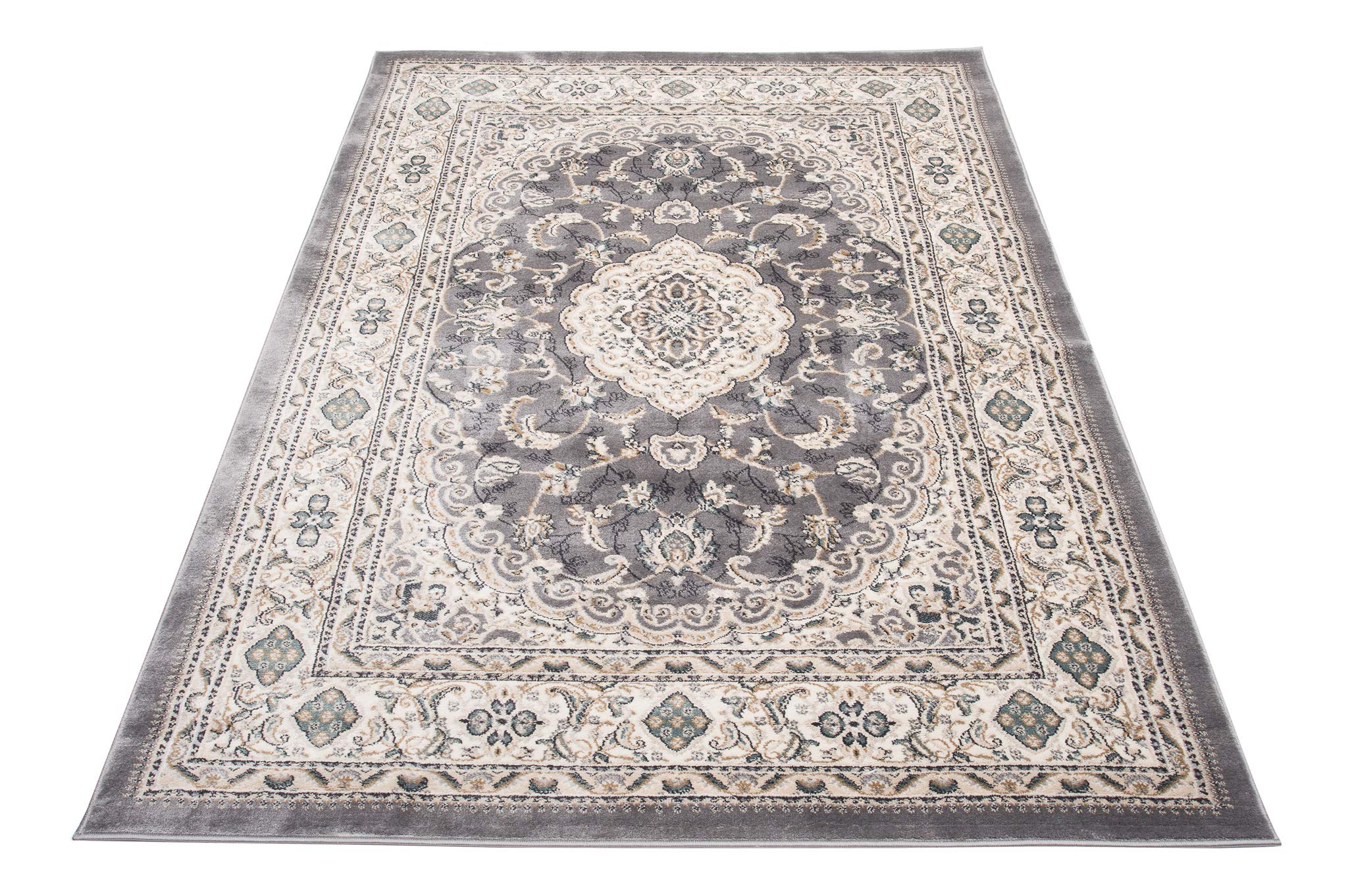 TAPISO Dubai Teppich Kurzflor Klassisch Orientalisch Creme Grau Floral Ornament Bordüre Design Wohnzimmer Schlafzimmer Meliert ÖKO-TEX 80 x 150 cm