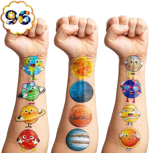 Miniatura 7 de 96 tatuajes temporales de planeta  Decoración de fiesta de cumpleaños temática de galaxia del espacio exterior, recuerdos del sistema solar,