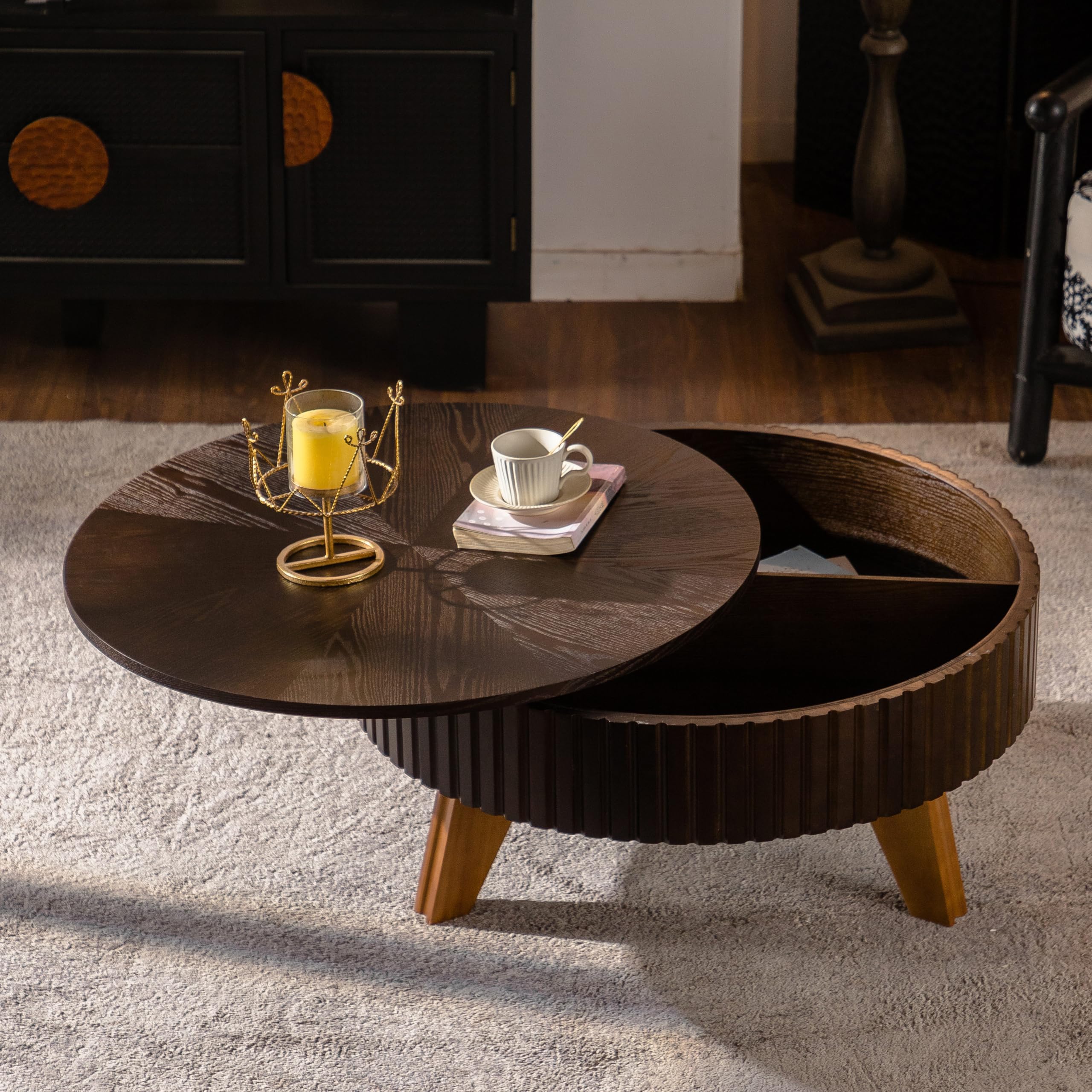 Retro Round Coffee Table with Storage and Solid Wood Legs, Timeless Design for Living Room &amp; Office (Brown, 31.5")