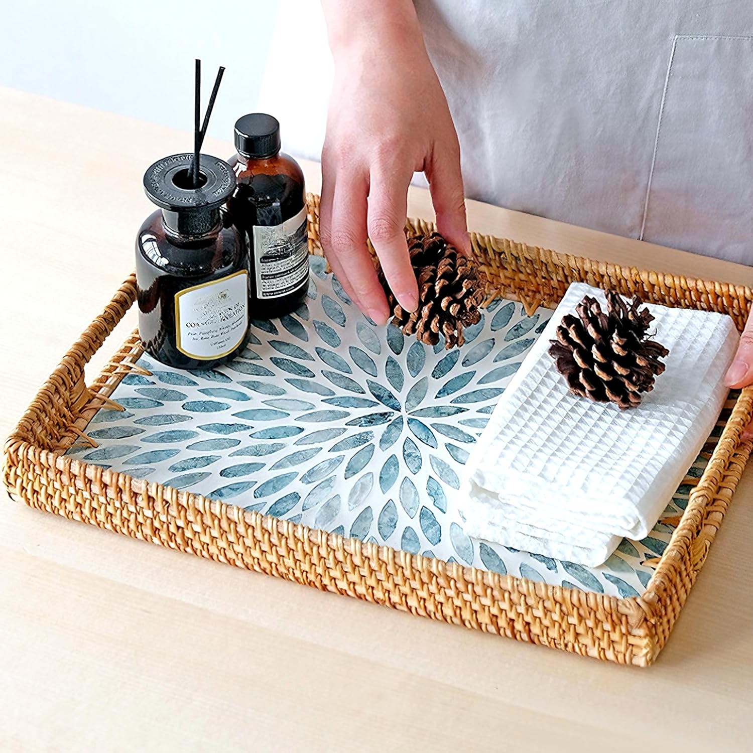 i-lan 14" Rectangular Rattan Serving Tray – Light Blue MOP Inlaid Wooden Base, Boho Coffee Table Tray with 2" Rim & Handles, Handmade Display for Dining Room, Housewarming Gift - Image 3