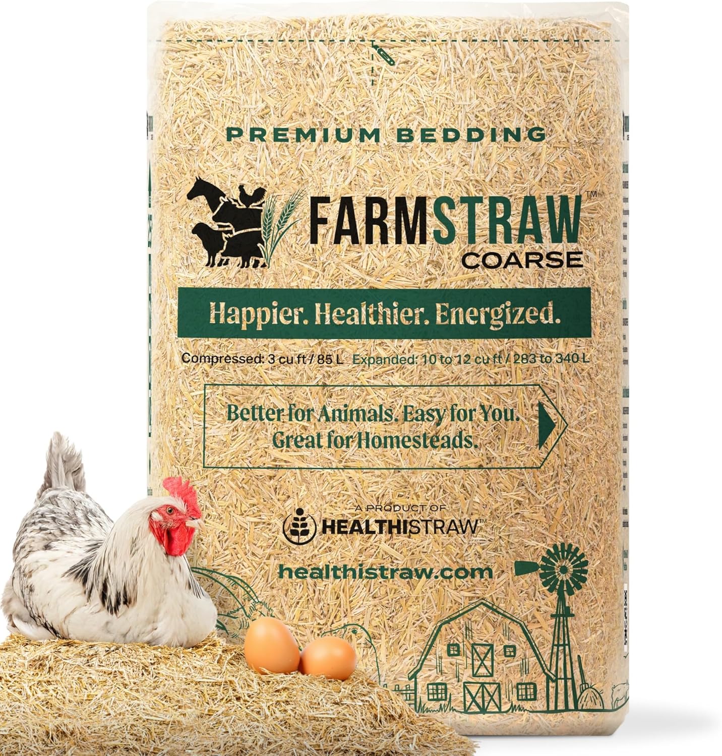 HealthiStraw FarmStraw Coarse Cut 3 cu ft (25lb) Expands up to 10+ cu ft – All-Natural, Wheat Straw Chicken Bedding for Clean, Dry, Odor-Free Coops, Dust-Free, Insulative, Absorbent – Sustainable