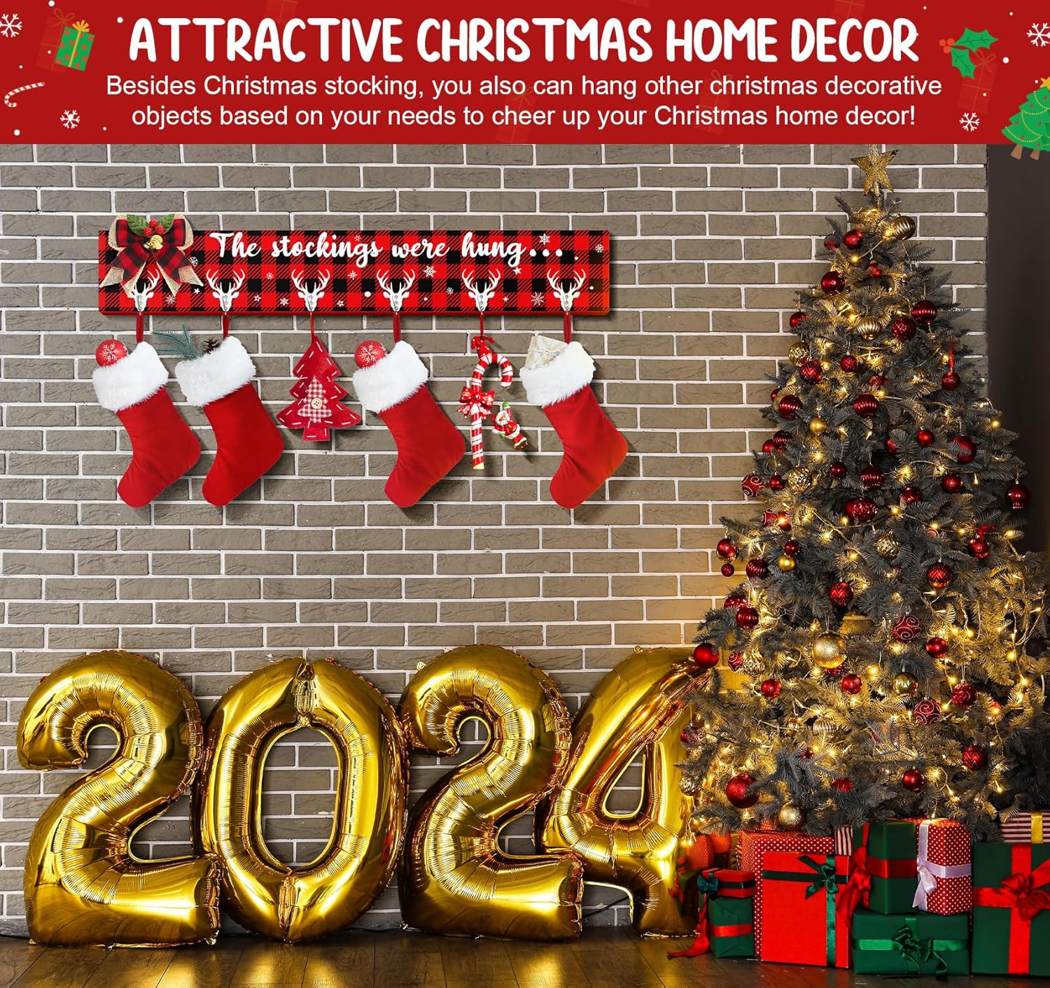 Christmas Stocking Holder with 6 Hangers Wall Hanging Buffalo Plaid Christmas Stocking Hangers for Mantel Fireplace Christmas Stocking Hooks Collapsible The Stockings were Hung Wooden Sign 28.4 inch