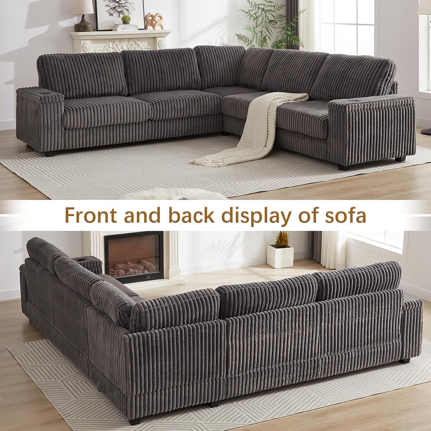110" Oversized L-Shaped Sectional Sofa, Plush Corduroy Deep Seat Modular Couch, Large Corner Couch with Storage, USB & Type-C Charging, Cup Holder, Modern Upholstered Sectional for Living Room (Gray) Grey