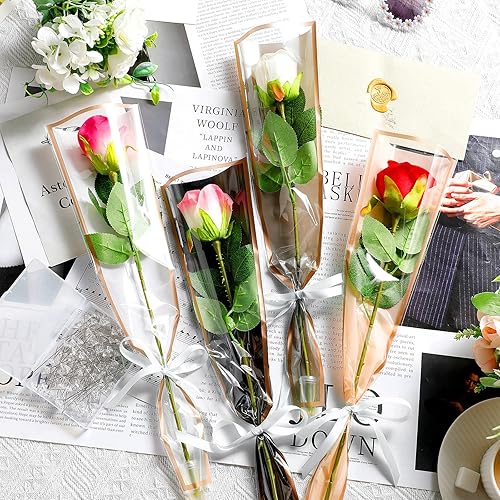 Miniatura 2 de Outus Juego de 600 flores individuales para envolver el día de San Valentín, 200 fundas de rosas individuales con 200 tubos de agua florales, 200