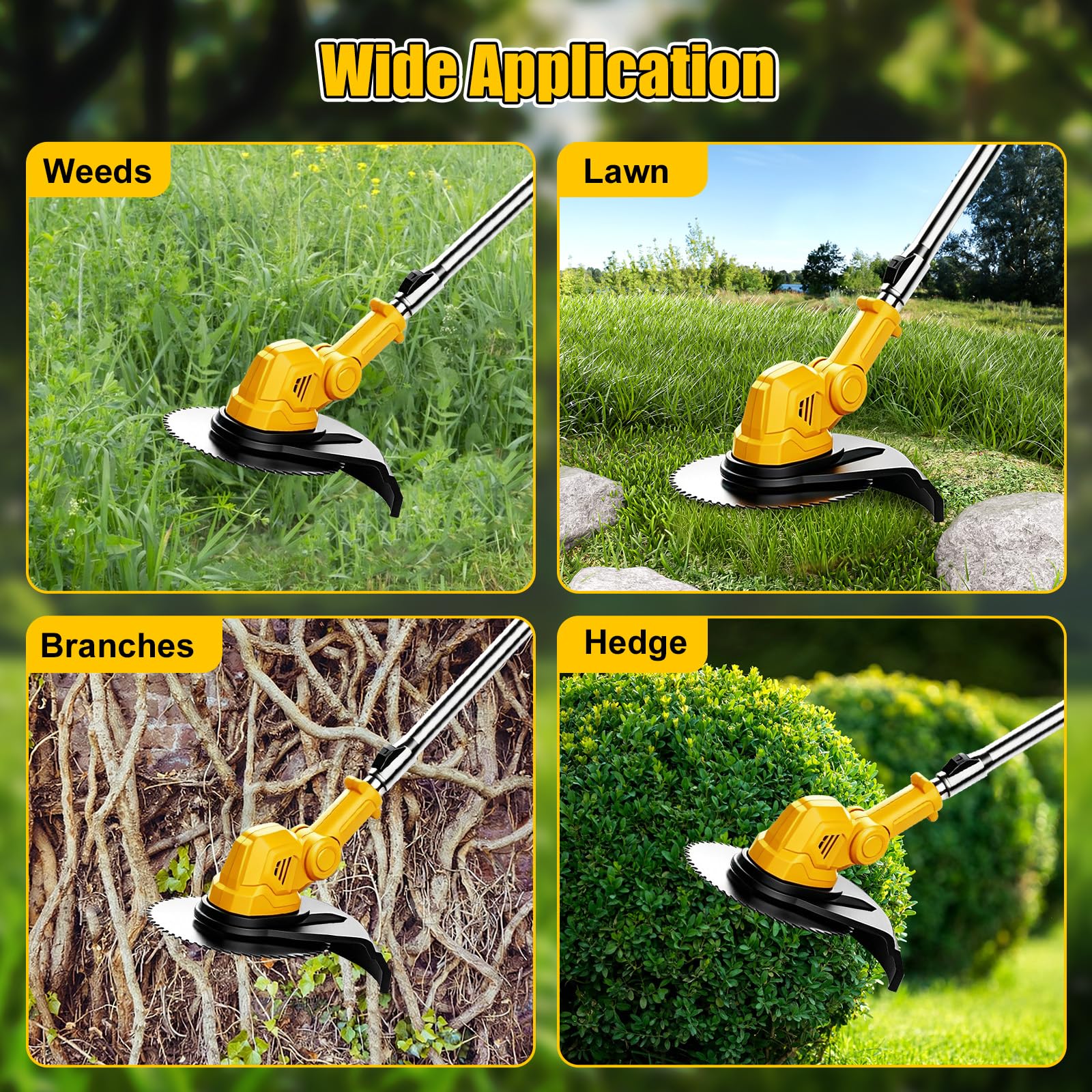 Desbrozadora con batería plegable con 2 baterías de 4000 mAh, 9000 rpm | Desbrozadora telescópica de 95 a 130 cm, con indicador digital de batería, mango ajustable y ángulo para jardín y césped