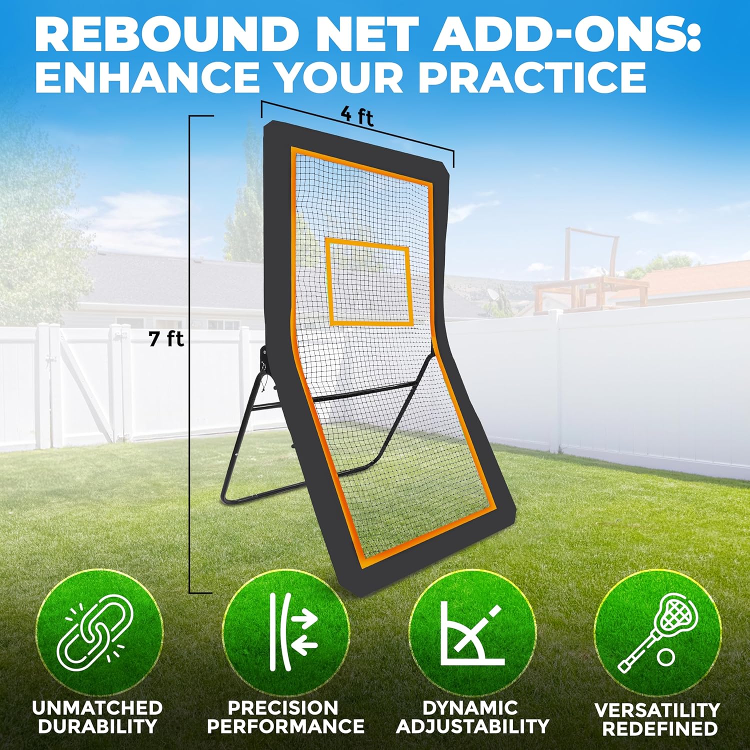 Lacrosse Rebounder for Backyard, 4x7 Feet-Bounce Back Rebounder, 5 Adjustable Angles with Target Strip, Rebounder Net Volleyball, Lacrosse, Baseball, Softball & Soccer Training