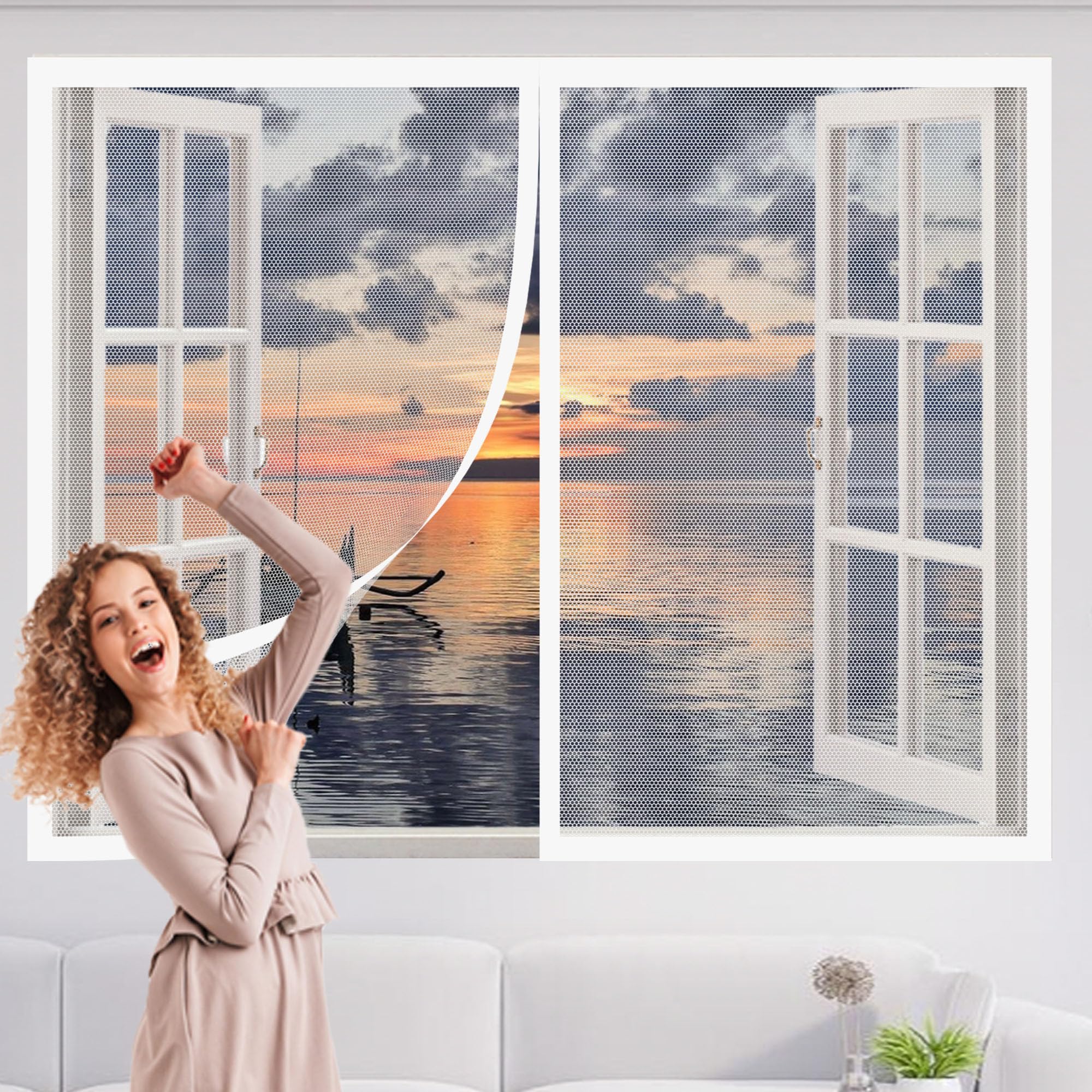 Gouer White Magnetic Window Fly Screens Windows 170 X 135 Cm Selfadhesive Tape Mosquito Net Window Easy Installation For Home, Office, Bedroom, Living Room Kitchen,