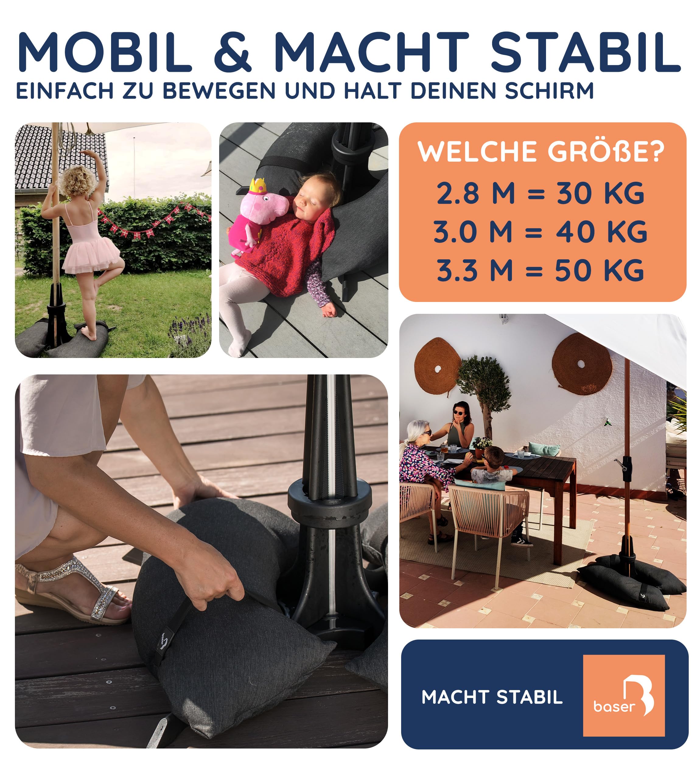 Baser Original Sonnenschirmständer mit Befüllbaren Sandsäcken, Flexibler Schirmhalter für 25-48mm Rohre, Patentiertes System, Wetterfestes Recyceltes Material | Sonnenschirmständer Befüllbar, Wetterfestes Recyclingmaterial, Flexibler Schirmhalter, Für Gar