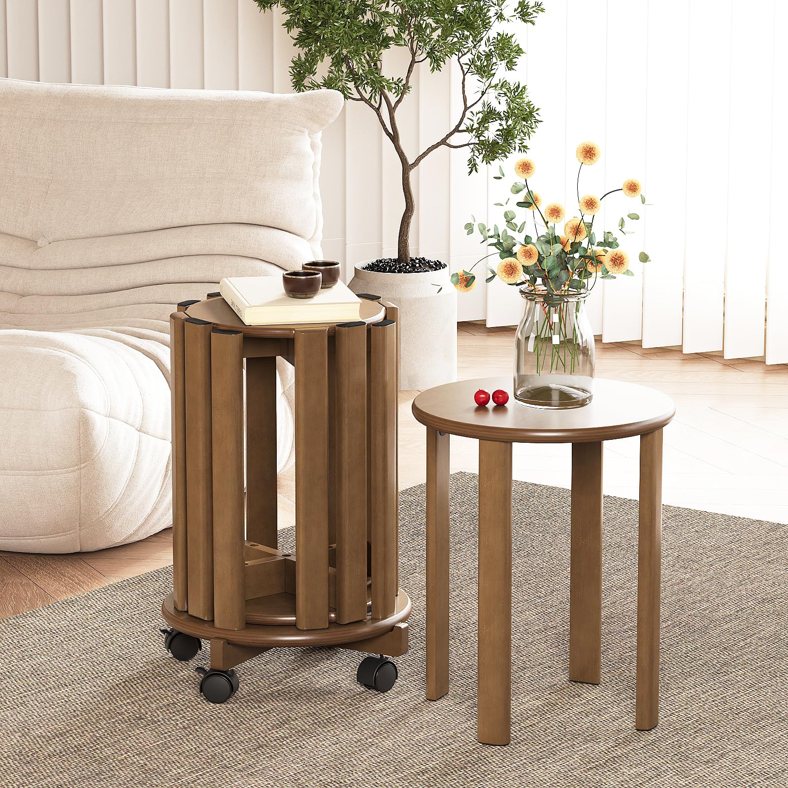 Sgabello impilabile in bambù con ruote, set 4-in-1, sgabello, tavolino e sedia, altezza 46 cm, per sala da pranzo, senza montaggio, per cucina, soggiorno, camera da letto, noce