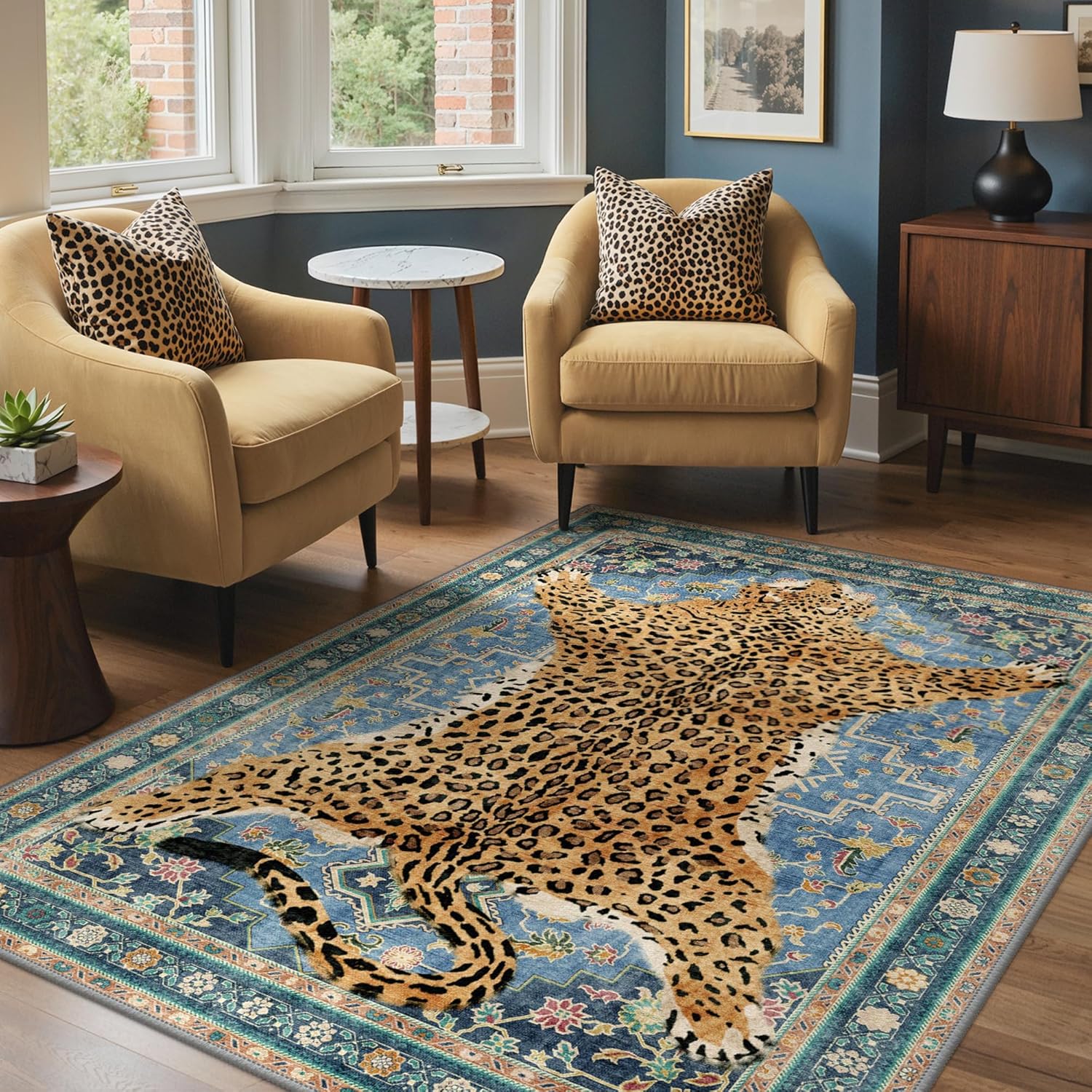 GENIMO Animal Print Area Runner Rug for Kitchen Living Room Dining Bedroom Entryway Hallway Office Bathroom - Leopard Print Non-Slip Soft Machine Washable Large Floor Rug Carpet - Blue/Yellow 5x7 Ft