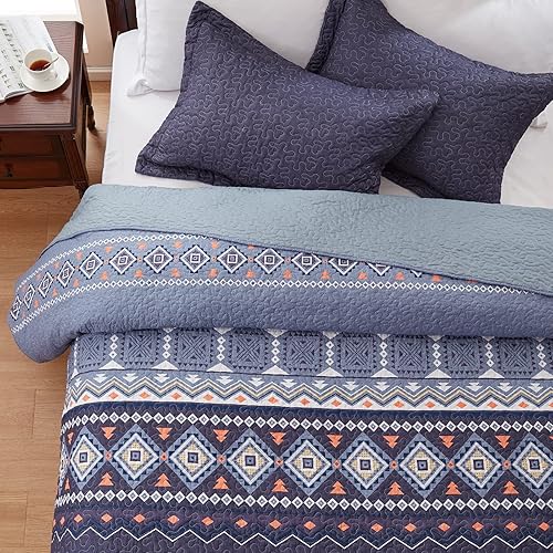 Miniatura 5 de Juego de edredón matrimonialqueen de 3 piezas colcha reversible ligera de 90 x 98 pulgadas colcha floral suave con borde de retazos lujosa funda de