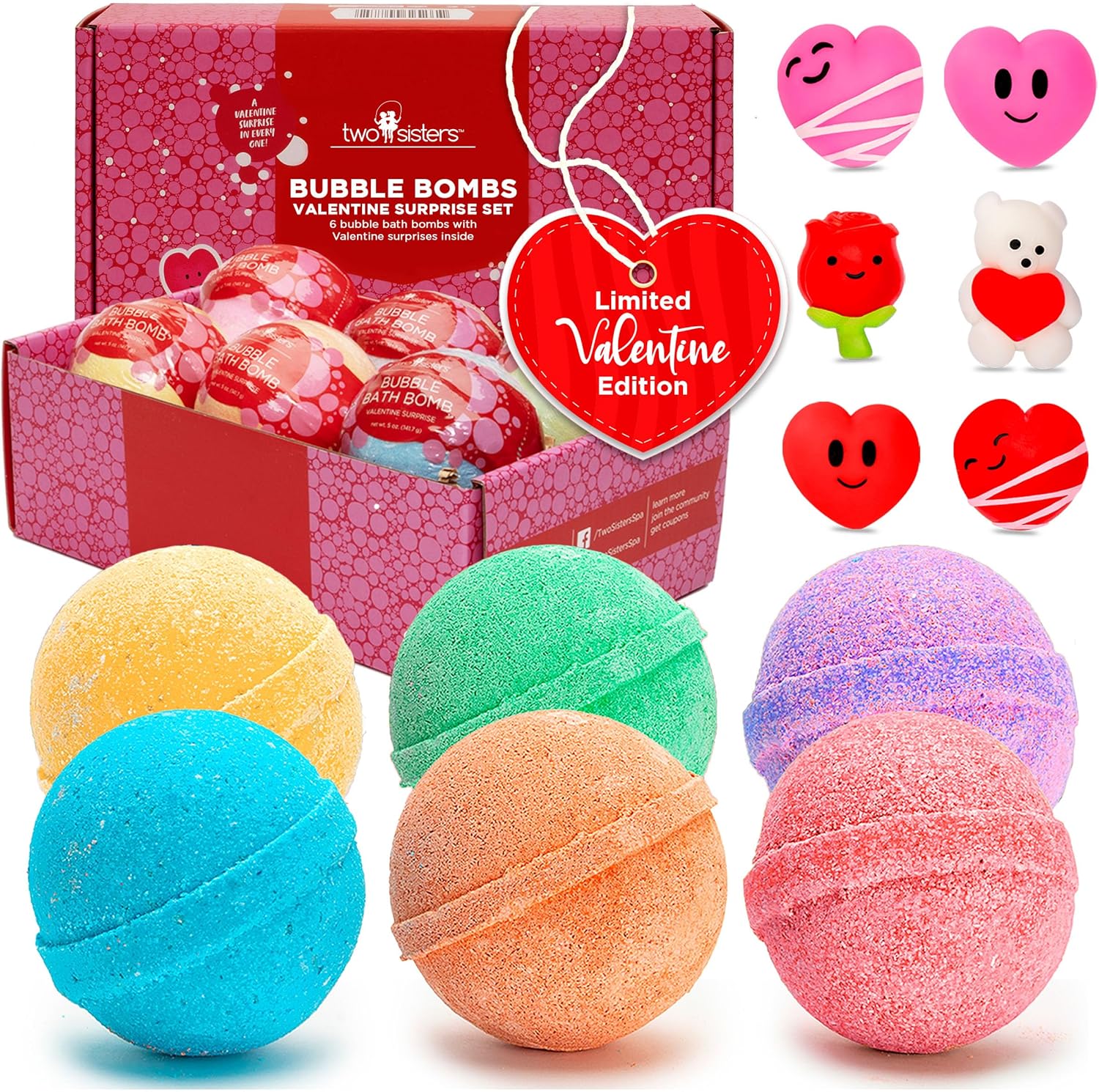 Valentines Bath Bombs for Kids with Surprise Heart Toys Inside (6 Pack) - Valentines Day Gifts for Kids & Women, Bubble Bath, USA Made, Kids-Safe Ingredients, Fruity Scents by Two Sisters