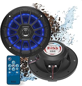 BOSS Audio Systems MRGB55B 5.25 Inch Marine Speakers - Weatherproof, 150 Watts Per Pair, 75 Watts Each, Multi-Color Illumination, Full Range, 2 Way, Sold In Pairs