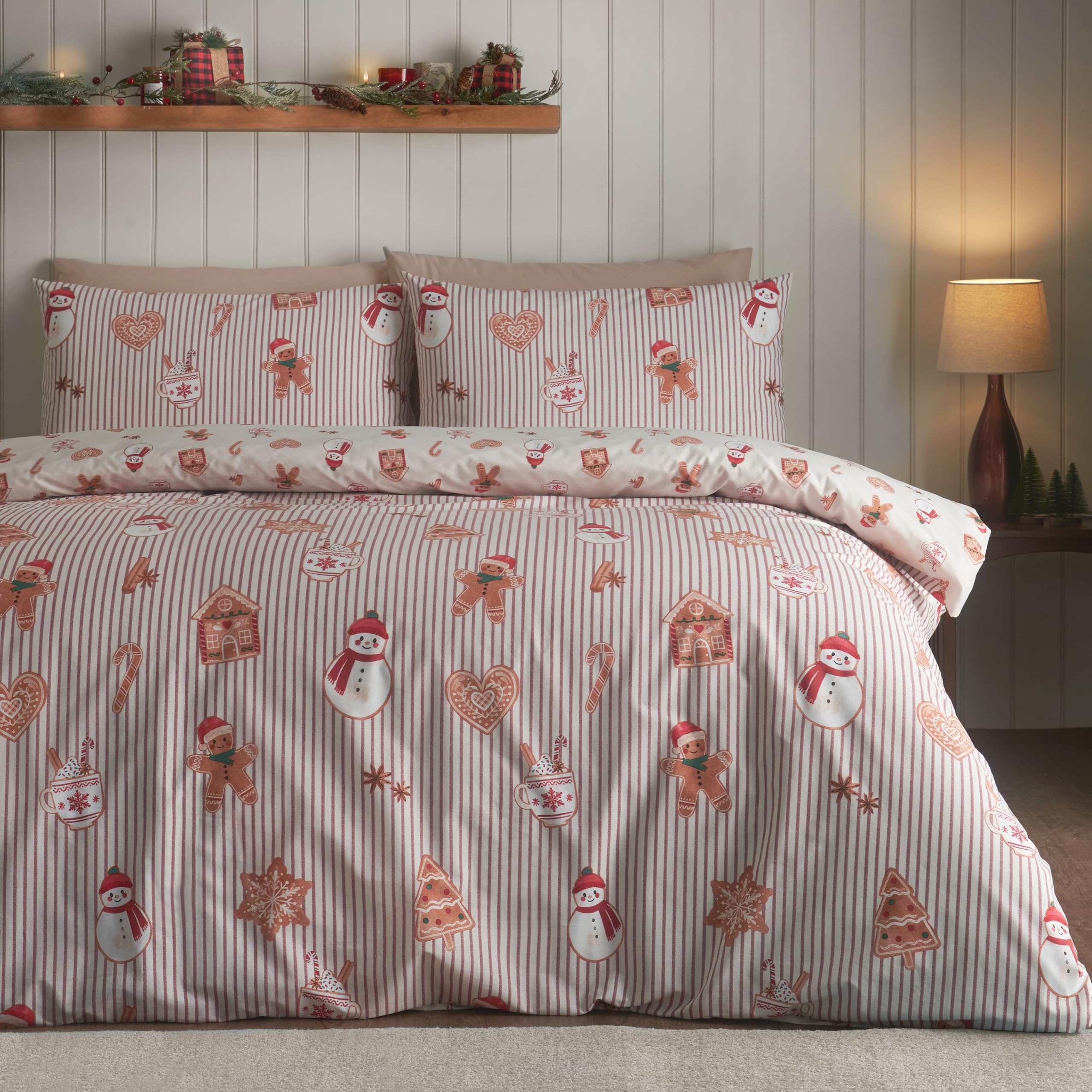 Catherine Lansfield Christmas Gingerbread Stripe King Duvet Cover Set Natural