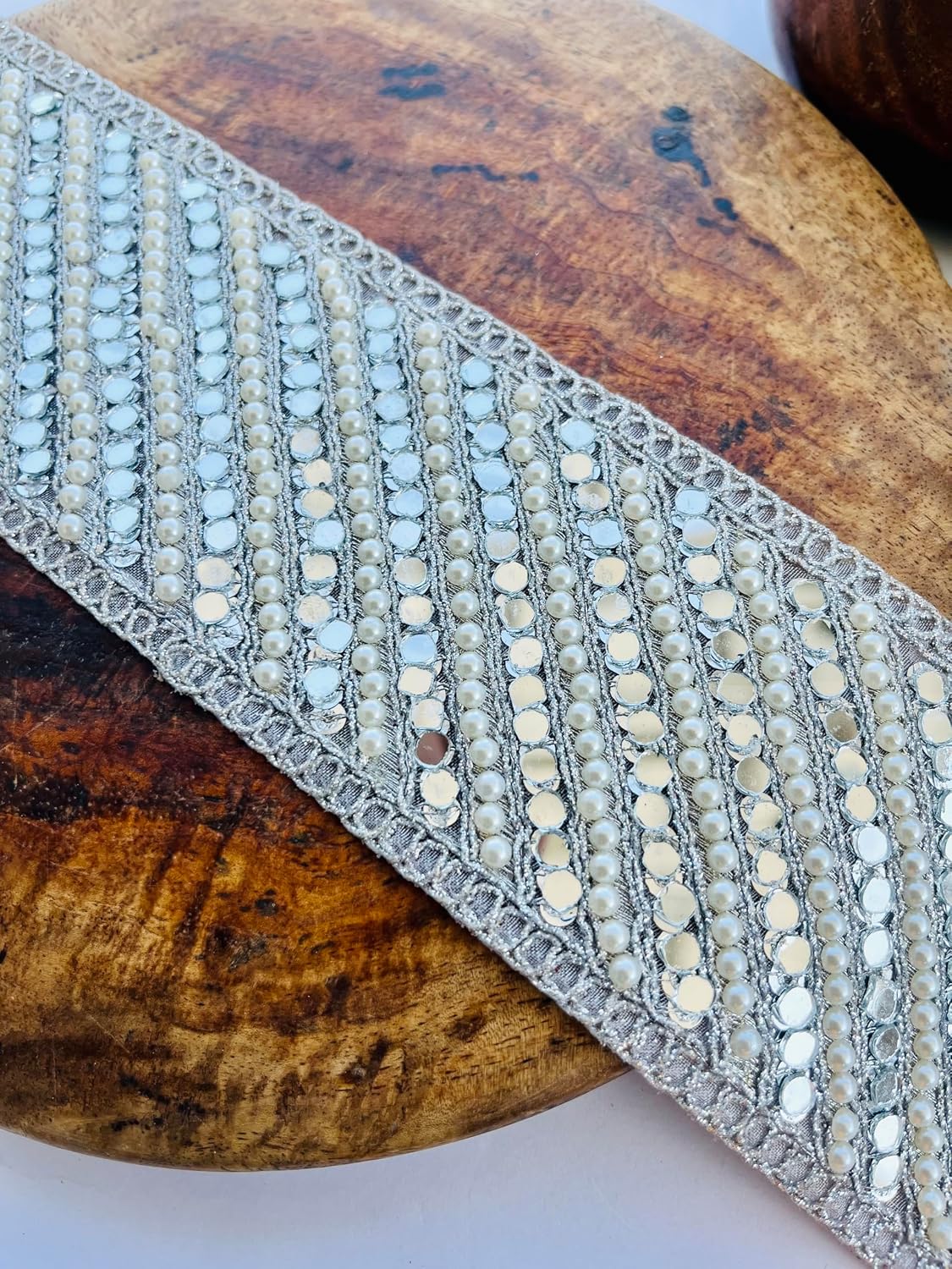 Mirror and Pearl Embellished Silver Fabric Trim, 2.75 Inch Wide, Diagonal Stripe Design, Available in 1, 3 and 6 Yards (1)