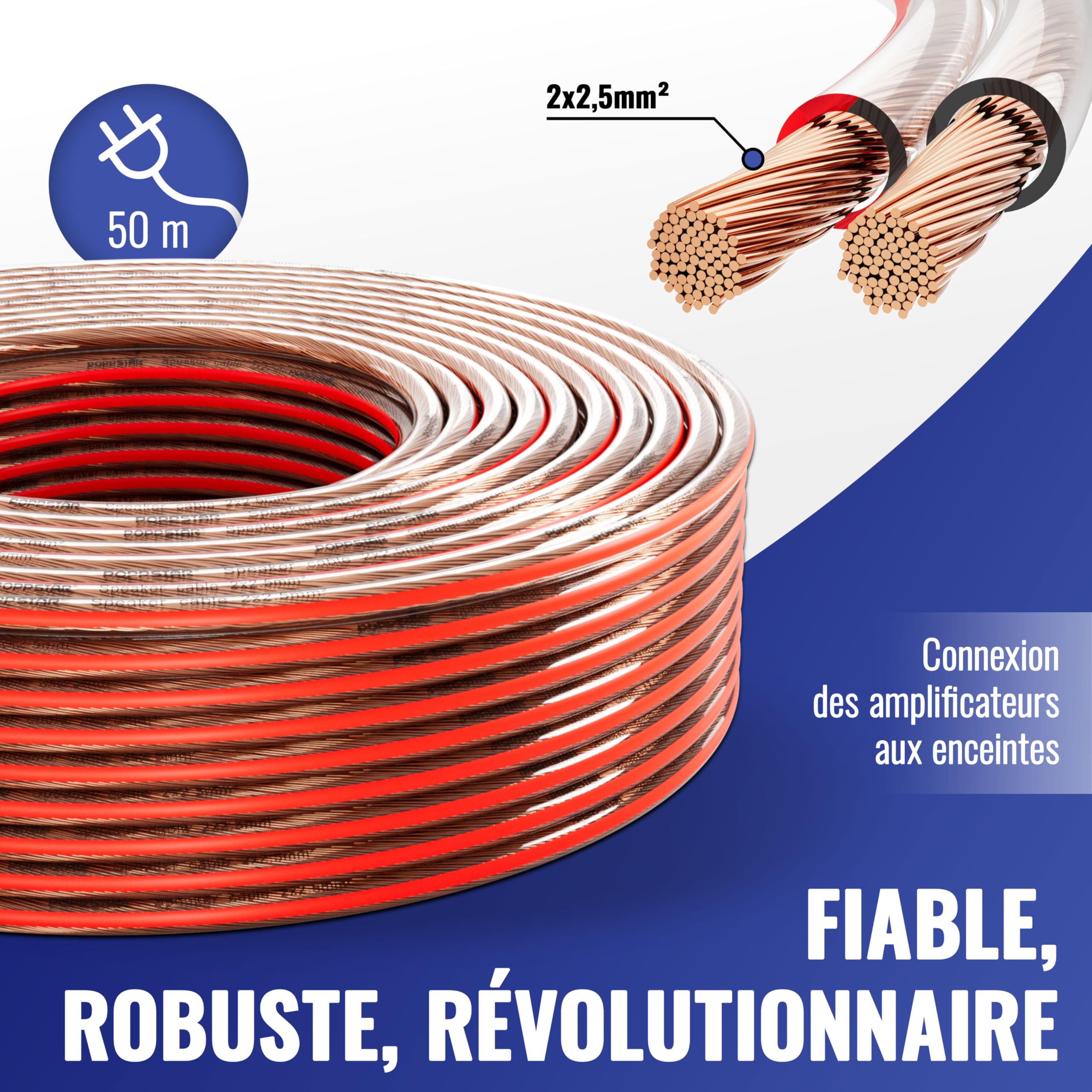 Poppstar Câble de Haut-parleur 50m 2x2,5 mm² (conducteur interne entièrement en cuivre OFC 99,99%, gaine PVC transparente)