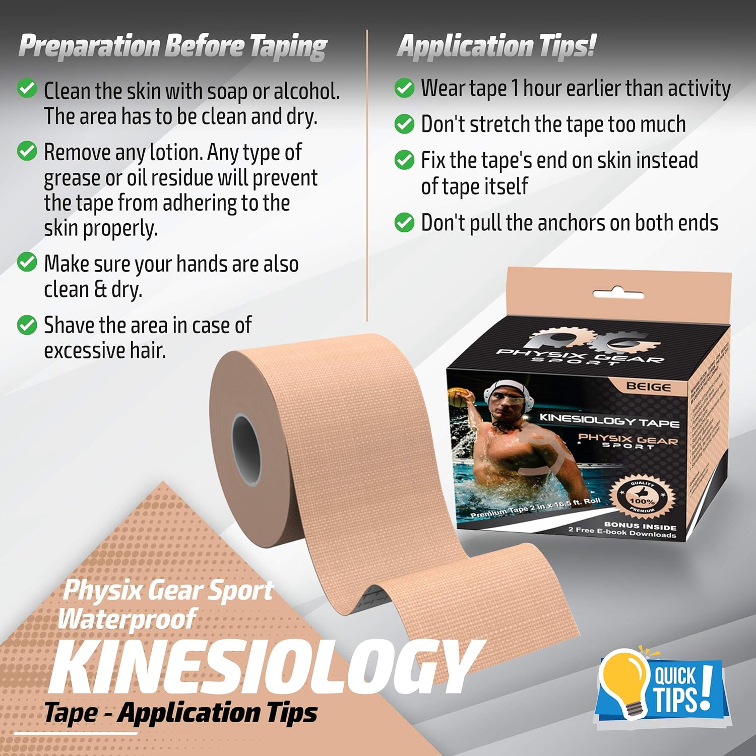 Physix Gear Kinesiology Tape Pro - Waterproof Physio Sports Tape for Pain & Injuries, Pregnancy, Muscle, Knee, Joint Support, Swelling, Strain Relief, Enhanced Blood Circulation (Beige, 1 Roll) : Health & Household