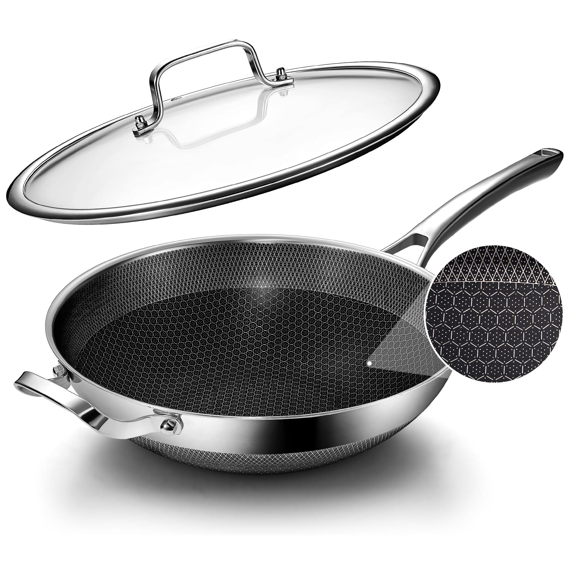 Wok pan 12 inch Hybrid Wok with Lid PFOA Free Cookware Non Stick Stainless Steel Woks Stir-fry pans
