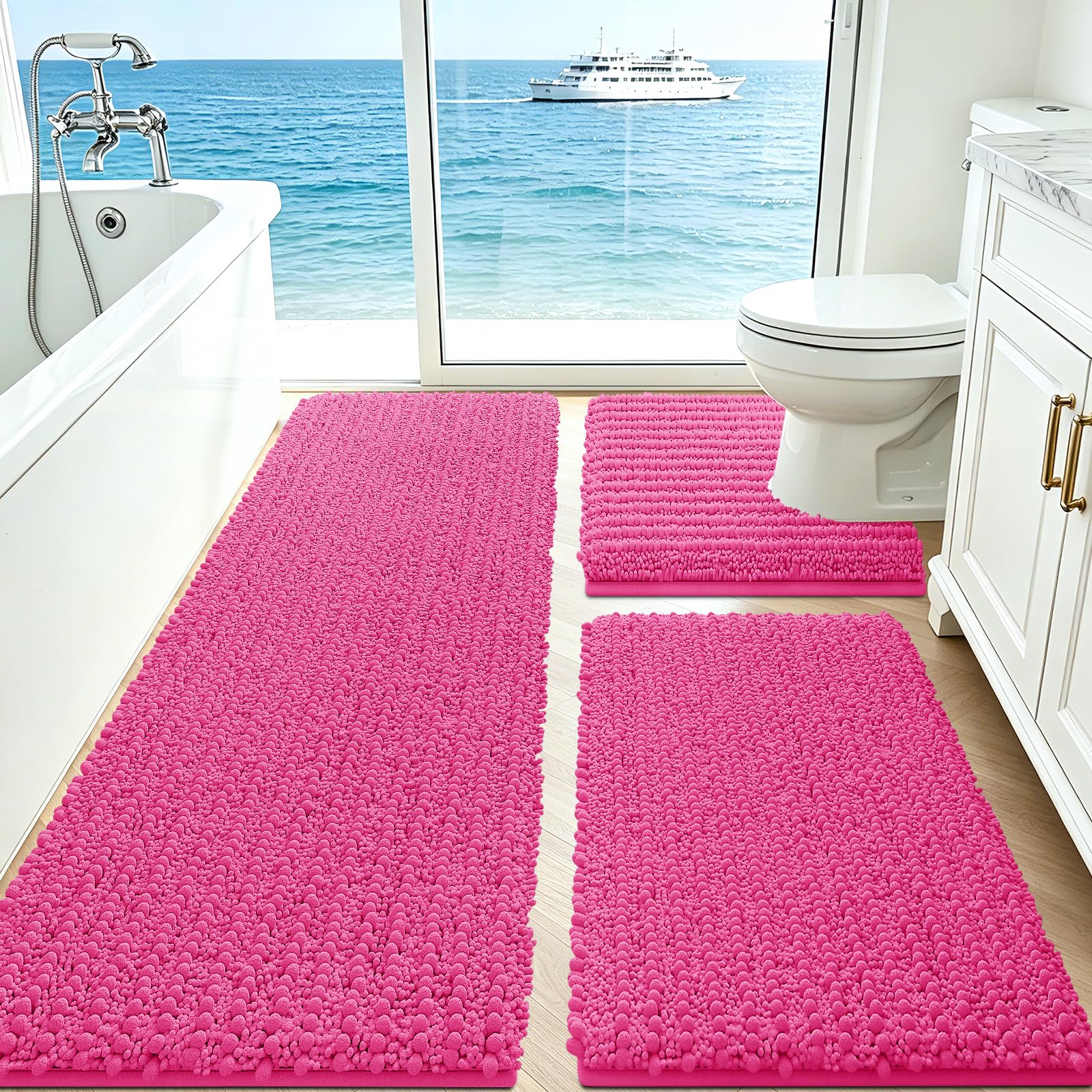ACCUMTEK Upgrade Extra Large Shiny Pink Bathroom Rug Set 3 Pieces Ultra Soft, Thick Absorbent Bath Mats, Non Slip Chenille Toilet Mat for Bathroom, Bedroom, Kitchen