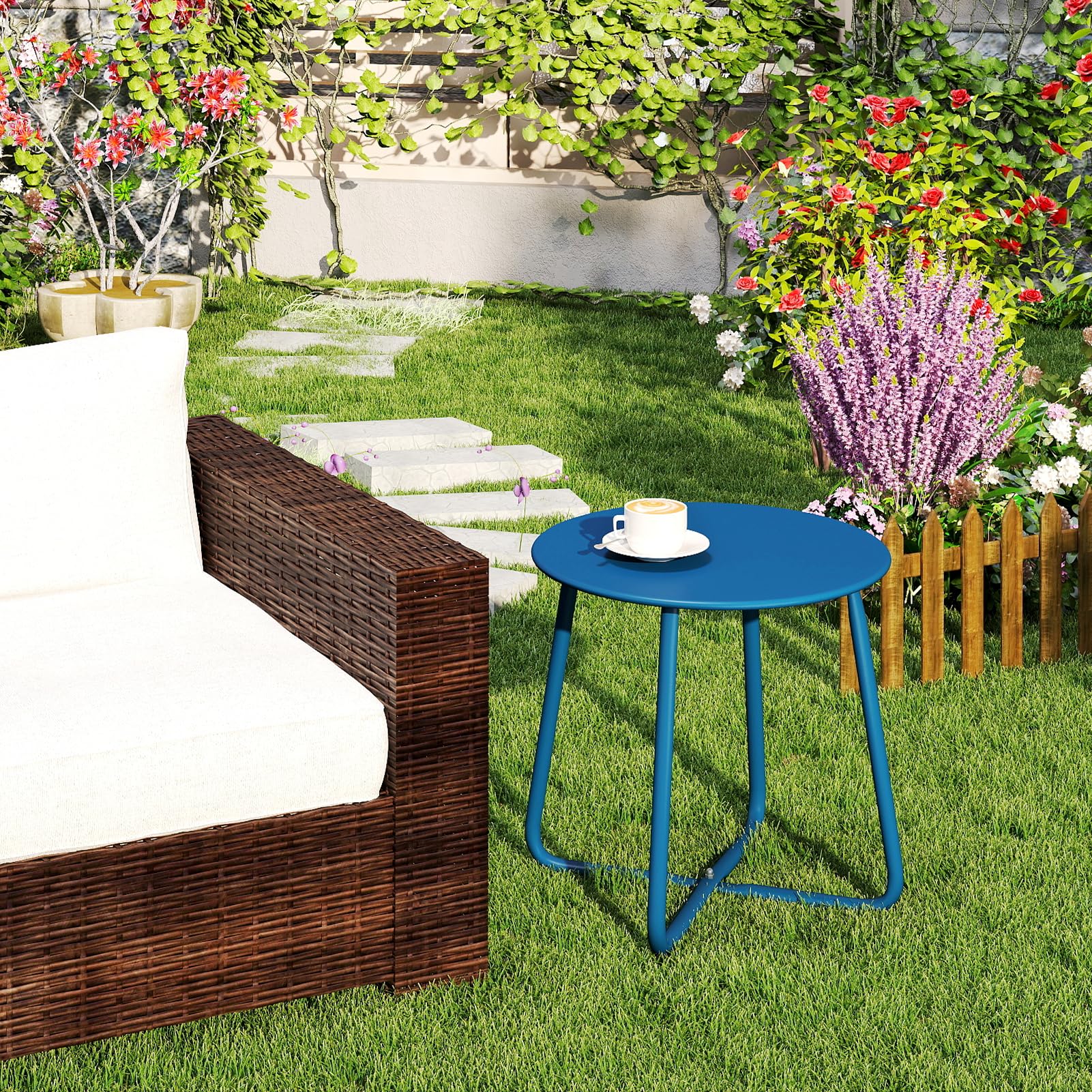HollyHOME Mesa Auxiliar Exterior Redonda Mesa Auxiliar de Patio & Jardin Mesa Balcon Pequeña Metal Mesa de Centro, Azul Marino