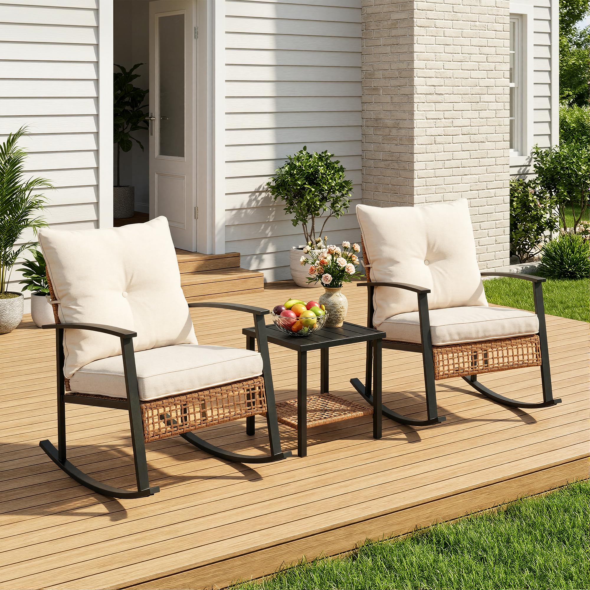 DEZAGCE 3 Piece Rocking Bistro Set, Rattan Garden Furniture with 2 Wicker Rocking Chairs & Double-Tier Glass Table, 180kg Capacity, Outdoor Conversation Set for Balcony, Patio & Garden, Beige