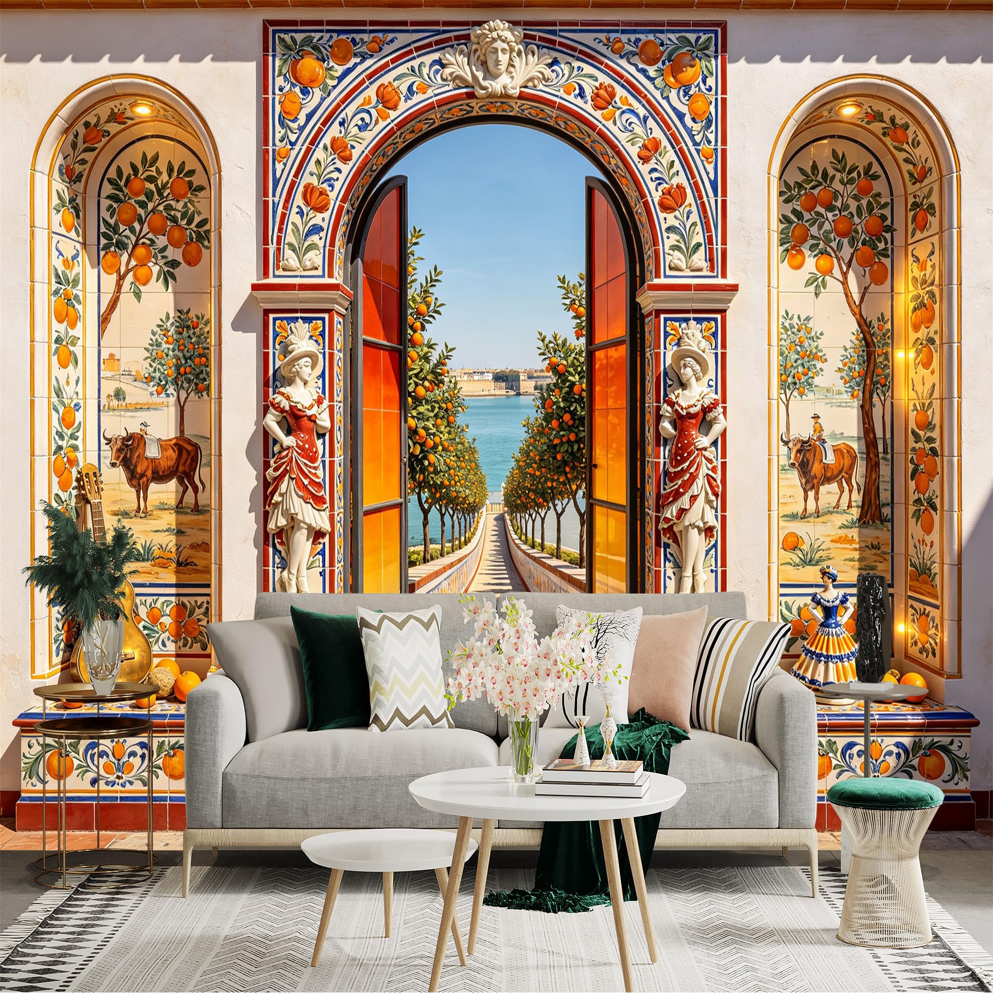 Custom Size Wall Sticker Mural， Mediterranean Tile Archway， Orange Trees and Coastal Pathway， for wall Decoration， peelandstick wall Decals.
