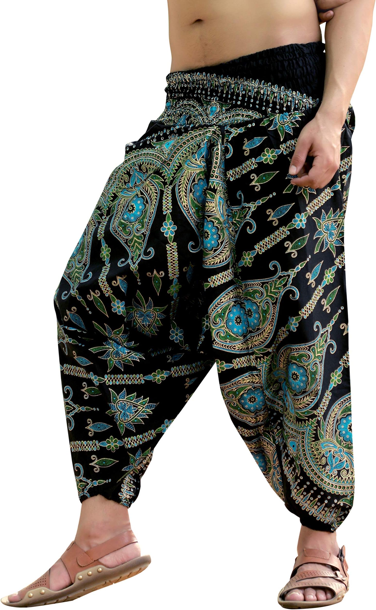 SARJANA HANDICRAFTSMens Womens Cotton Golden Printed Harem Pants Yoga Drop Crotch Trouser, Blue, One size