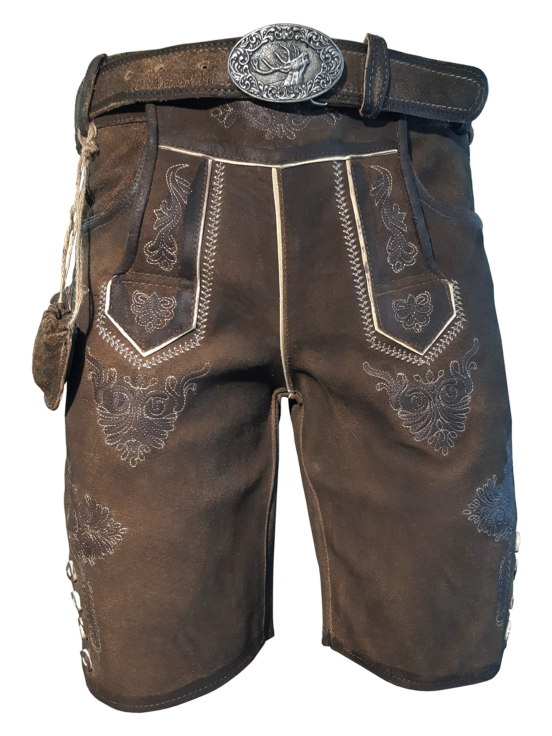 Kurze Herren Trachten Lederhose mit Gürtel, Dunkelbraun, Büffel Leder, Charisma 50 Dunkelb
