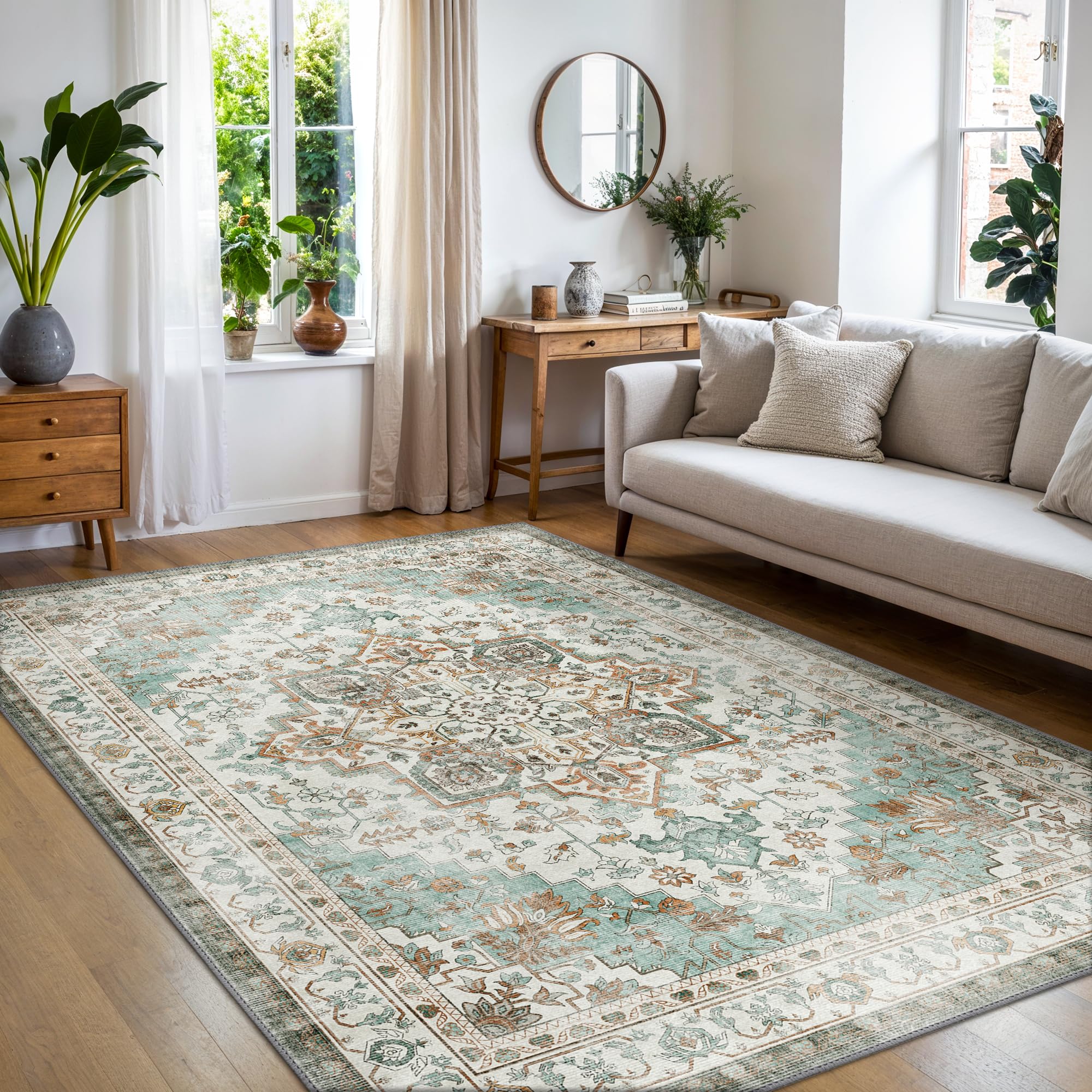 BEIMO Vintage Teppich Schlafzimmer 120X170CM rutschfest Kurzflor Teppich Wohnzimmer Waschbar Mintgrün Flur Läufer