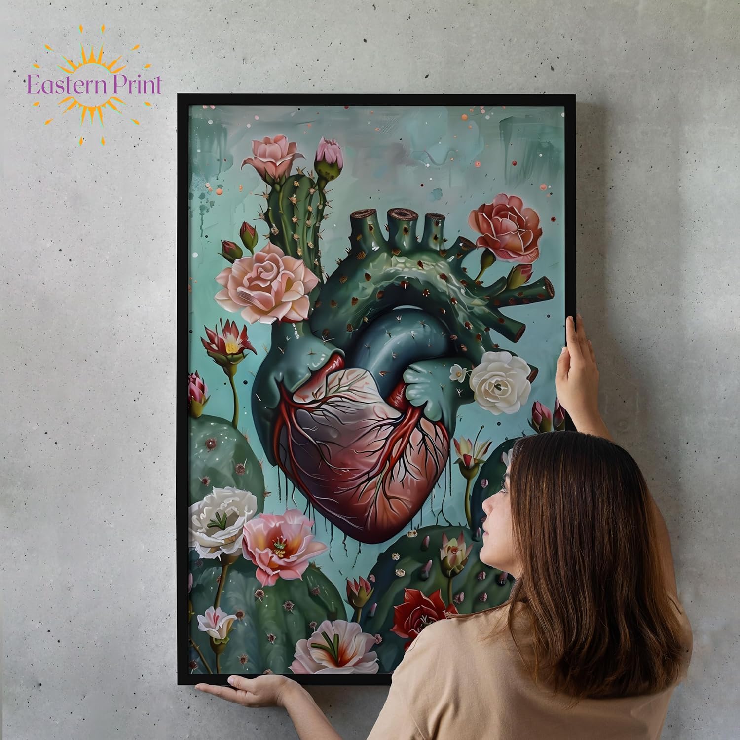 Eastern Print Mexican Thorned Cactus Heart Wall Art Posters, Feminist Inspirational Wall Art for Woman, El Nopal Traditional Mexica Vintage Artwork Decor for Home Living Room, Bedroom (UNFRAMED)