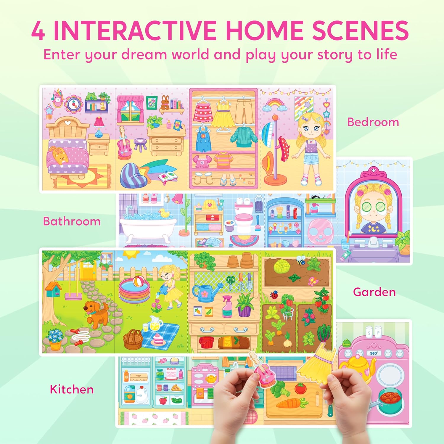 JOVA Klever Kits Reusable Sticker Book for Kids, My Dream Home 4 Play Scenes with 200+ Washable Stickers Plane Activity for Toddler Aged 3 4 5 6 7 8 Girls and Boys Birthday Gift