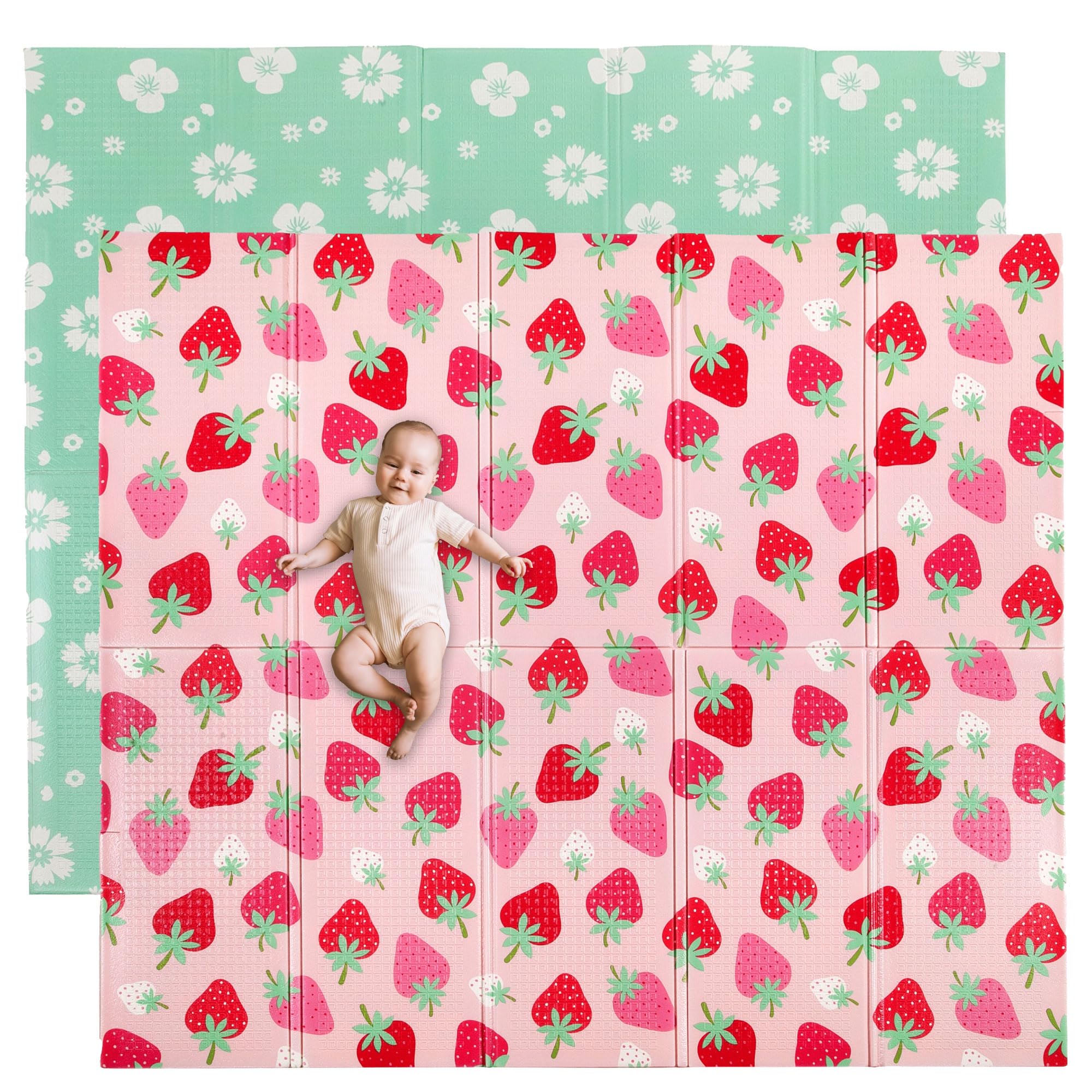 Wildkin Baby Play Mat – Large Waterproof Foldable Foam Mat for Infants & Toddlers - Strawberry Patch