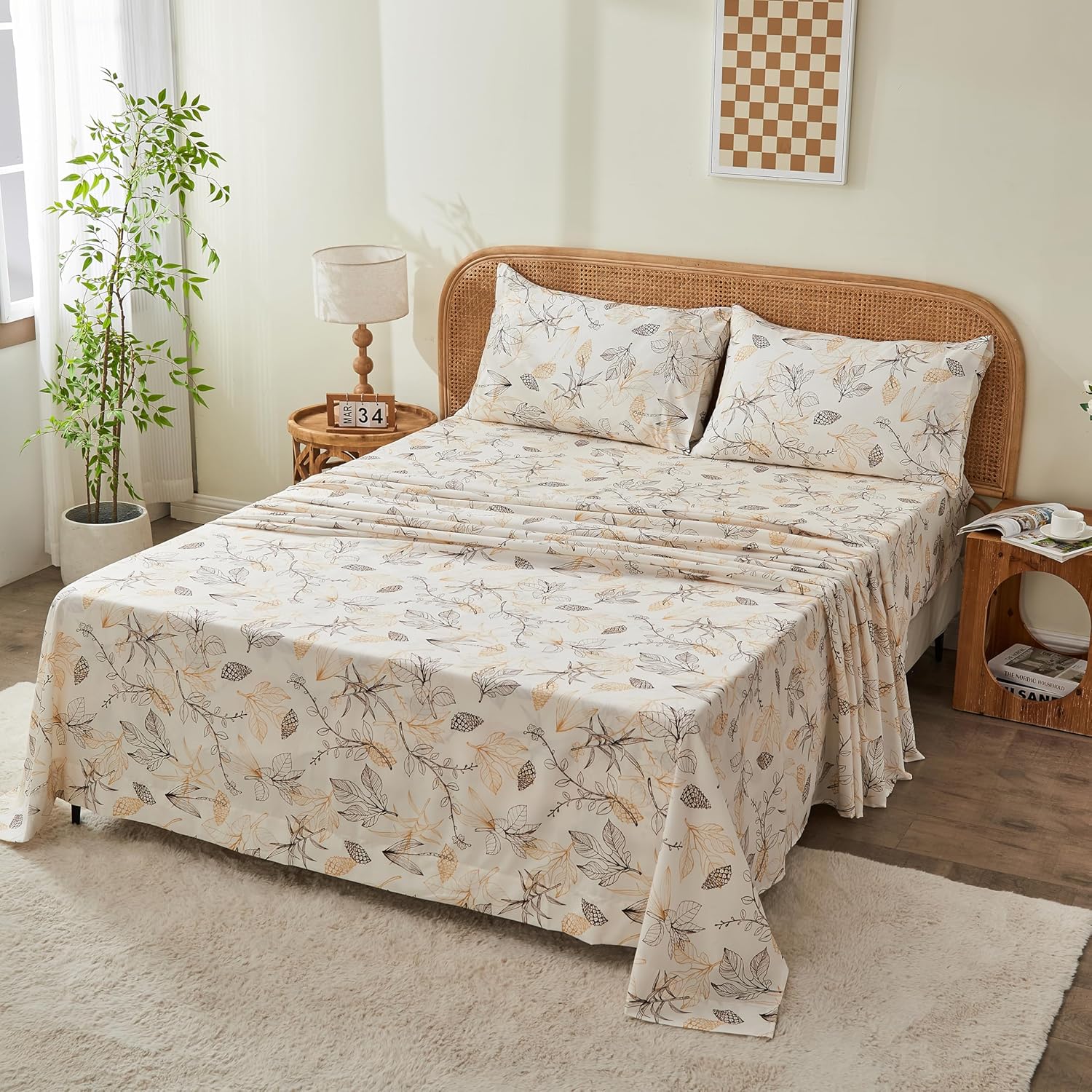 Twin Bed Sheet Set - 3-Piece Deep Pocket Sheet Set Fits Mattress up to 18 inch, Cottagecore Vintage Aesthetic Bedding,Wrinkle-Free & Secure Corner Straps,Oak Leaf and Acorn