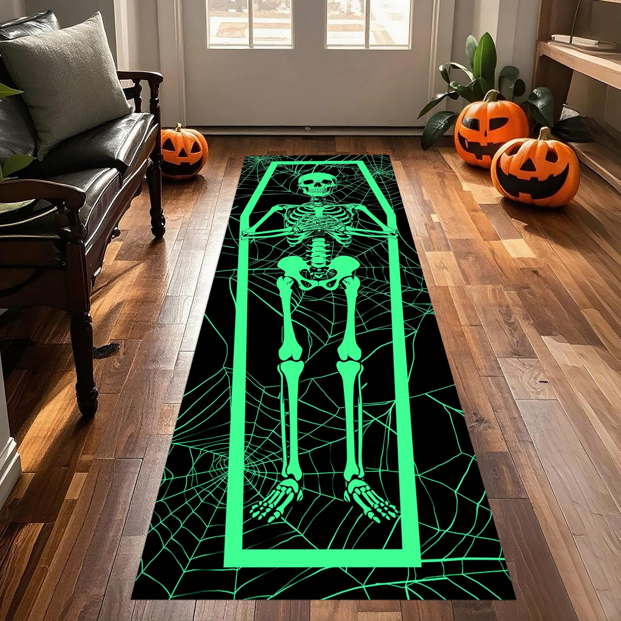 Skull Carpet Runners, 60x120cm, Gothic Fluorescent Green Spider Web Coffins Black Long Hallway Rug, Ultra-Thin Short Pile Easy Care Goth Hallway Runner Rugs for Living Room Kitchen