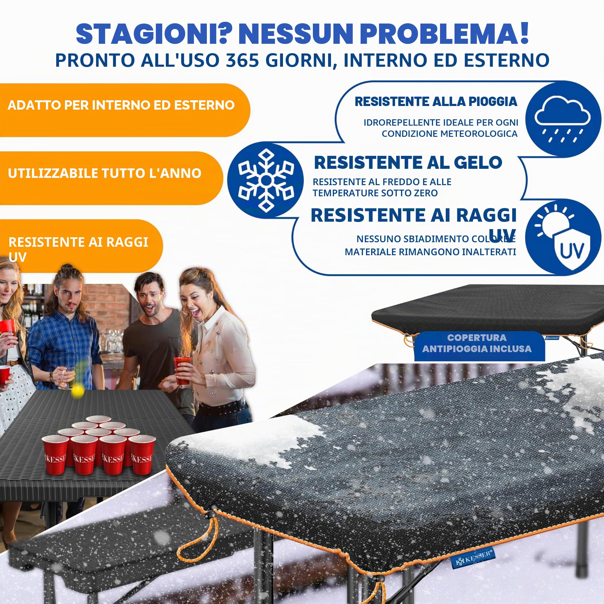 KESSER® Set tenda da birra - Set da 3 pezzi, Tavolo + 2 x Panca, per Interni - Esterni, AxLxP - 73x180x75 cm, Plastica, Set da Giardino in simil Rattan, Pieghevole, Nero