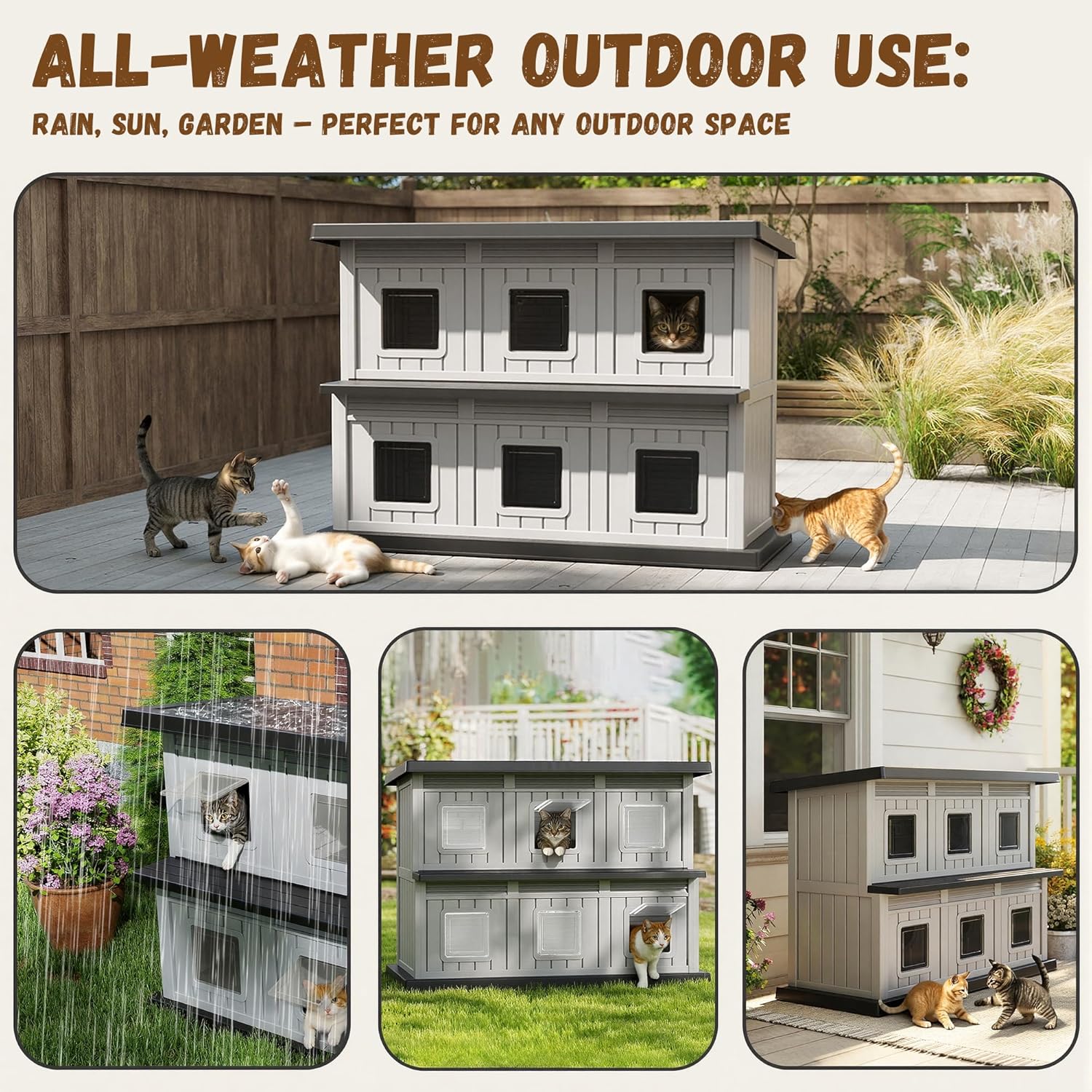 Insulated Outdoor Cat House Weatherproof, Large Outside Feral Cat Houses for Outdoor Cats, Double-Decker Cat Shelter with Adjustable Window & Balcony, Easy to Clean (Black, 51.97"*26.42"*37.28")