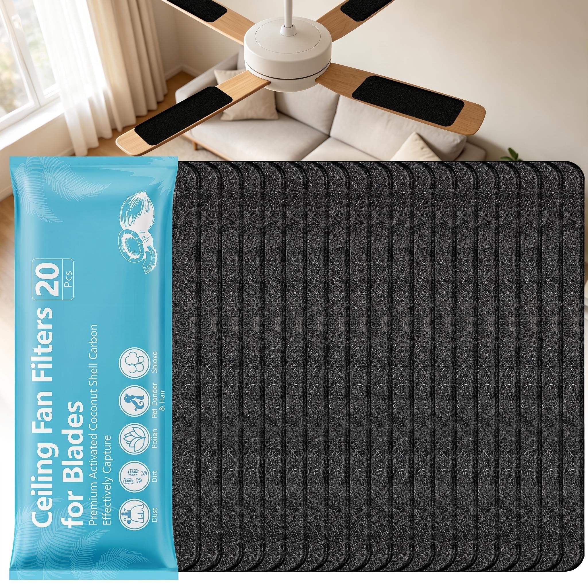 Filtri per ventilatore a soffitto per lame, cuscinetti filtro a carbone attivo con guscio di cocco per polvere e peli di animali domestici, design peel and stick, per la maggior parte dei