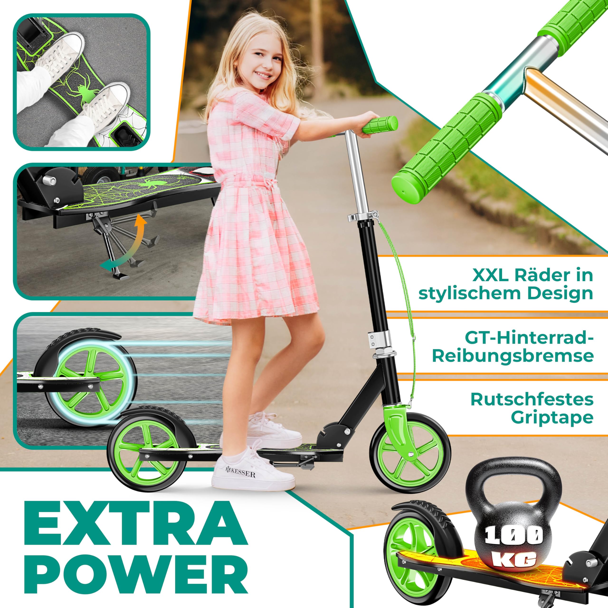 KESSER® City Scooter per Bambini, Monopattino Pieghevole Regolabile in Altezza, Scooter fino a 100 kg, Freno alla Ruota Posteriore, fino a 190 cm di Altezza, Cinghia di Trasporto inclusa