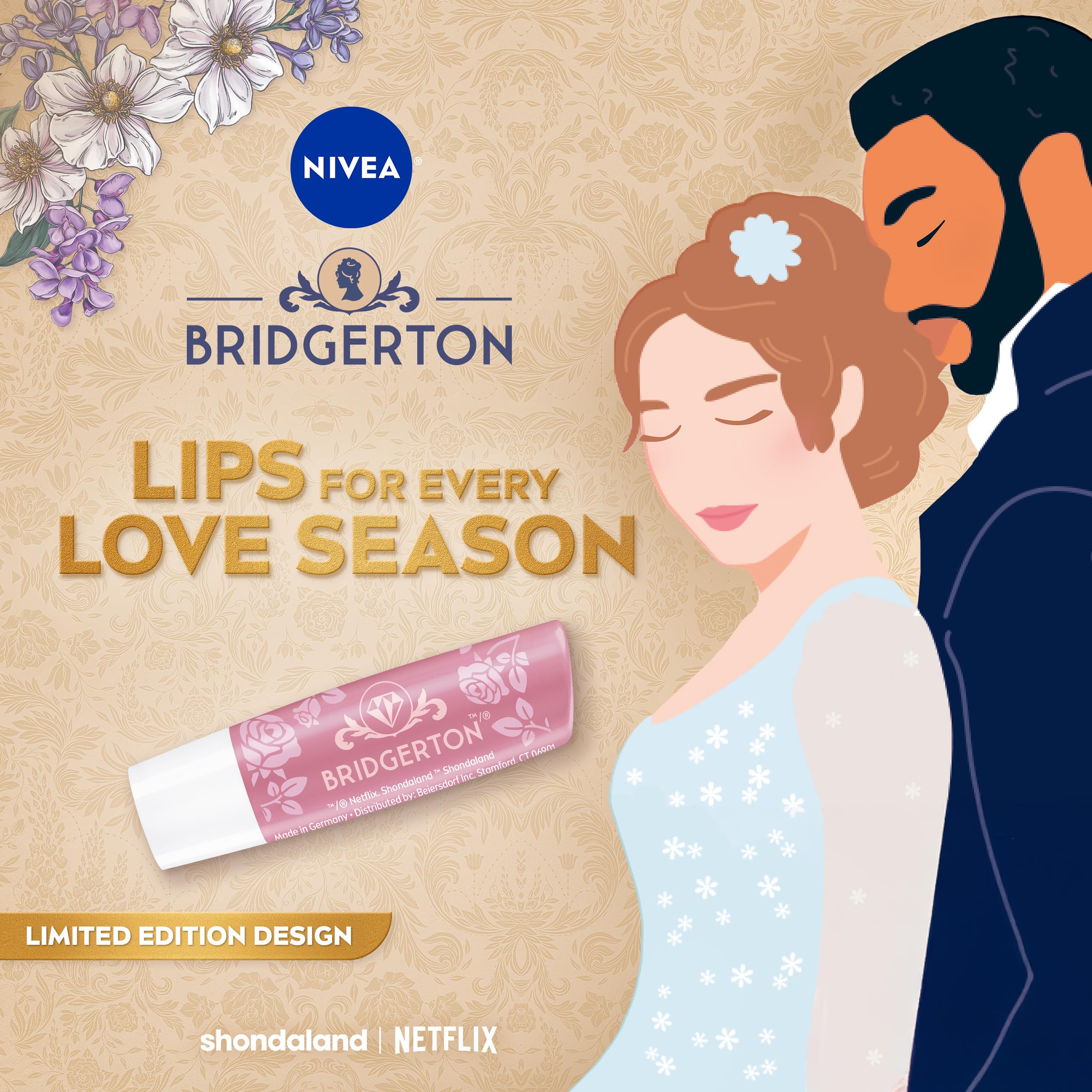 NIVEA Rose Meringue Lip Balm, Nourishing Lip Care, Bridgerton Limited Edition Moisturizing Lip Balm with Shea Butter, 3-in-1 Moisture, Repair and Nourish, 0.17 Oz Stick