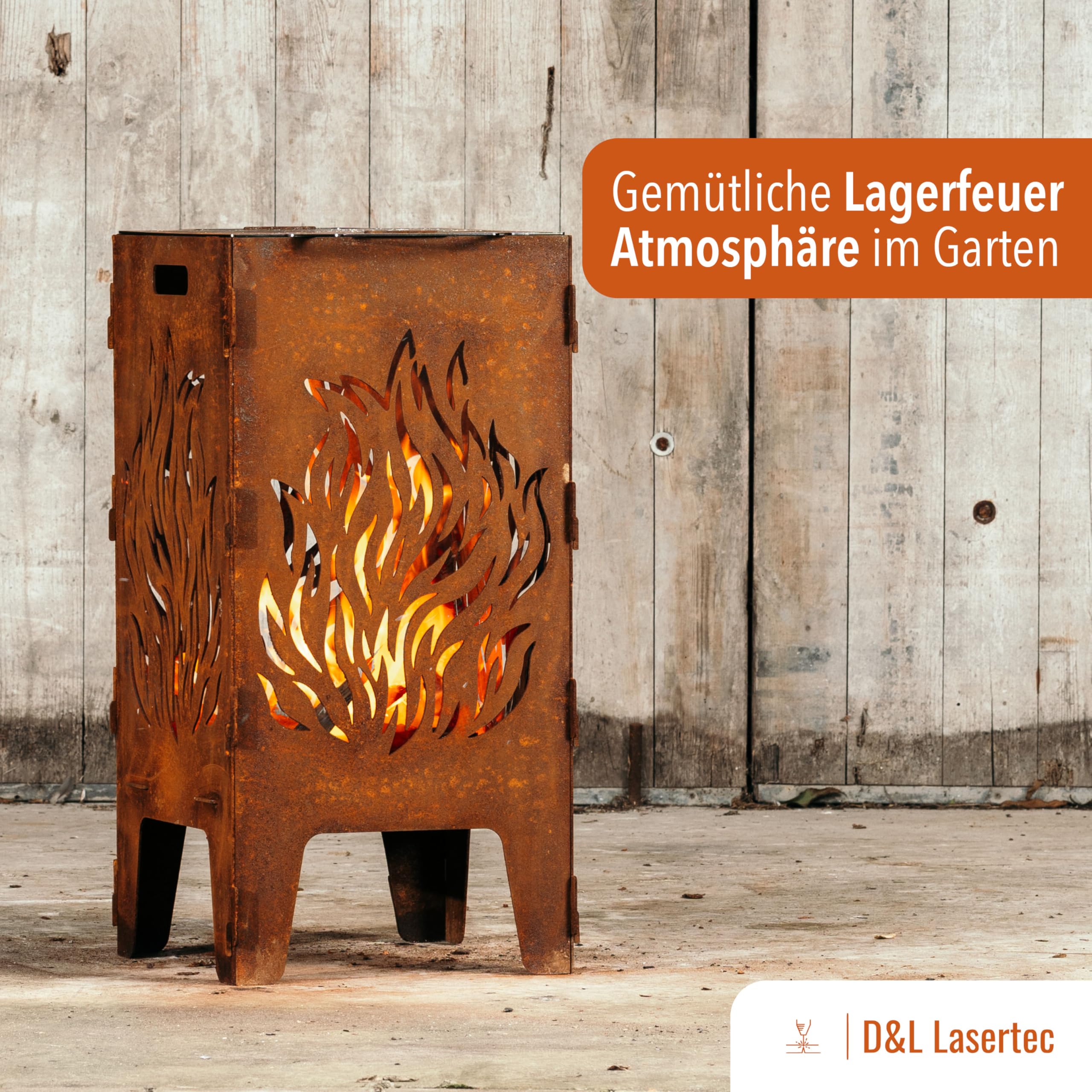 D&L Lasertec Feuertonne aus 3mm Stahl mit Flammenmuster, inklusive Grillrost, Edelrostdeko für den Garten, Grillschale