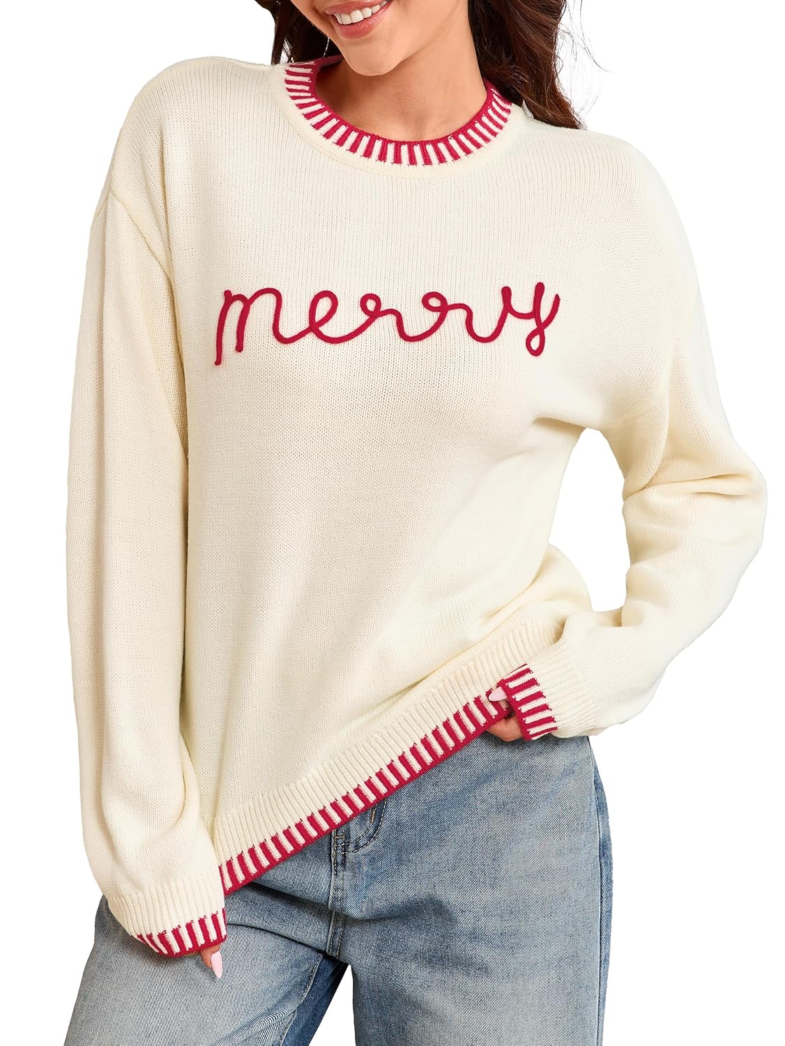 Simplee Womens Christmas Sweaters Long Sleeve Crewneck Oversized Sweater Fashion Winter Knitted Pullover Tops