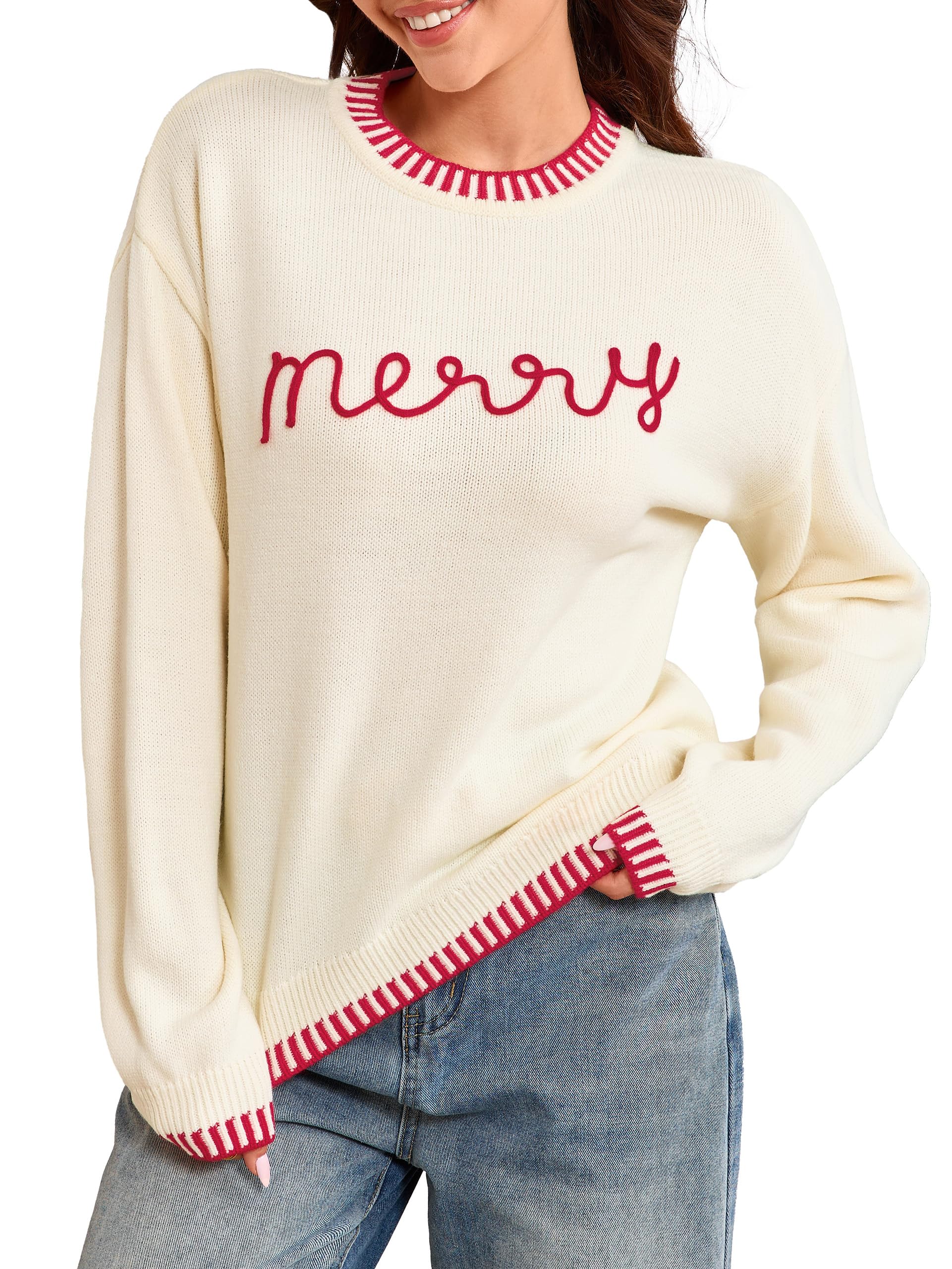 Simplee Womens Christmas Sweaters Long Sleeve Crewneck Oversized Sweater Fashion Winter Knitted Pullover Tops