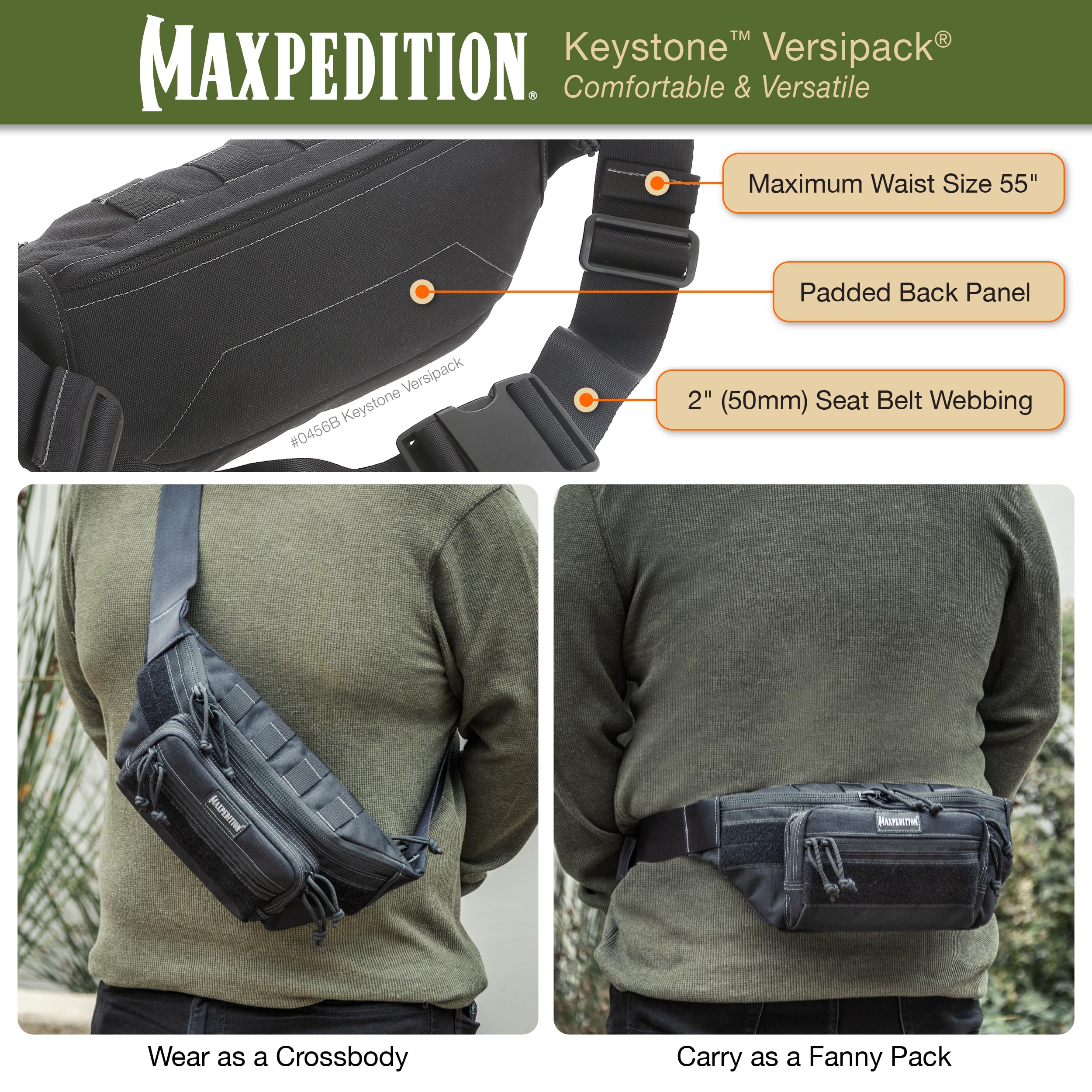 Maxpedition Keystone Versipack (35,6 x 15,2 x 15,2 cm), Taktische Umhängetasche, Bauchtasche für den täglichen Gebrauch, Schwarz 0456B