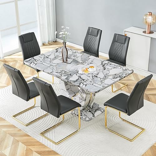 Miniatura 27 de JUFU Juego de mesa de comedor moderno para 6, juego de mesa de cocina de 63 pulgadas con mesa de mármol sintético y 4 sillas tapizadas de piel