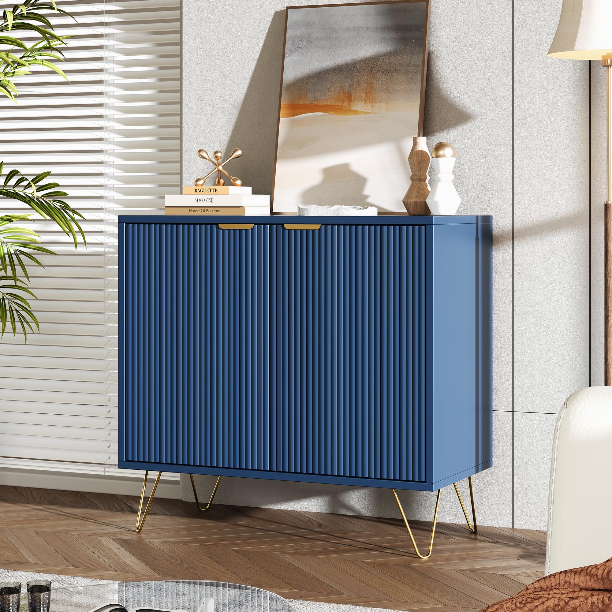 Mobile a due ante con ripiano e comodino in legno, piccola credenza con 2 scomparti portaoggetti, buffet basso, basso da cucina, blu (blu)